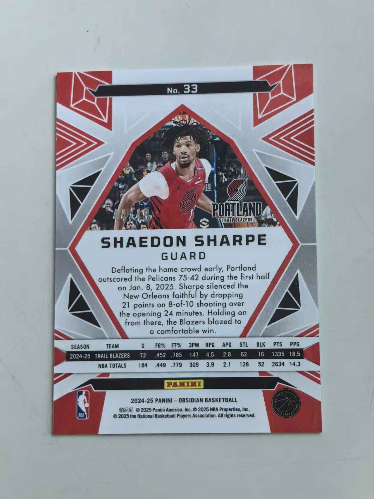 2024-25 Panini Obsidian Shaedon Sharpe #33 碎冰折 49编 开拓者 折射 【黑魔苏】