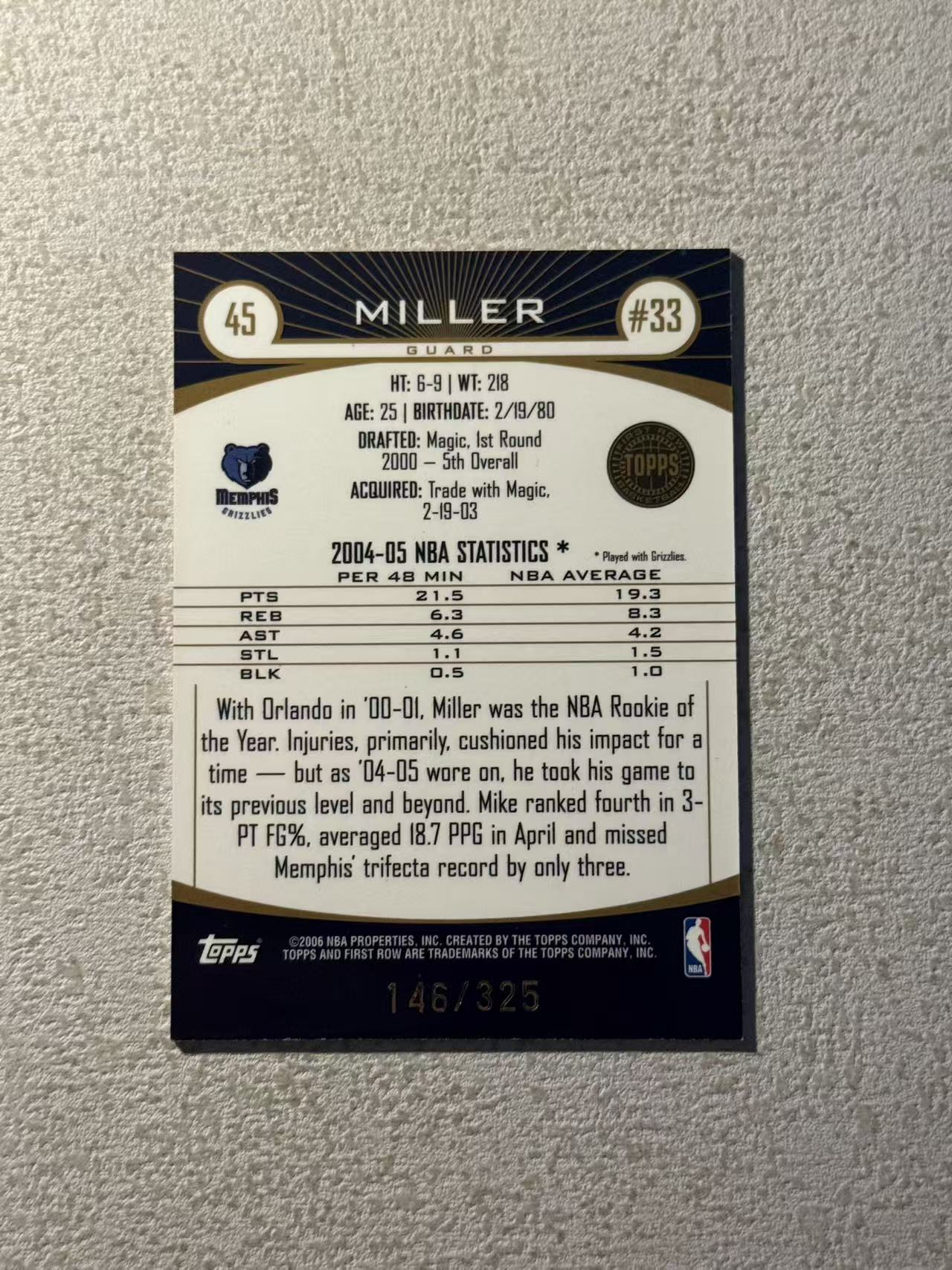 2006 Topps First Row Mike Miller 灰熊 名宿 迈克 米勒 146/325编 折射 稀有带编老卡 经典选图 老卡微瑕 收藏必备