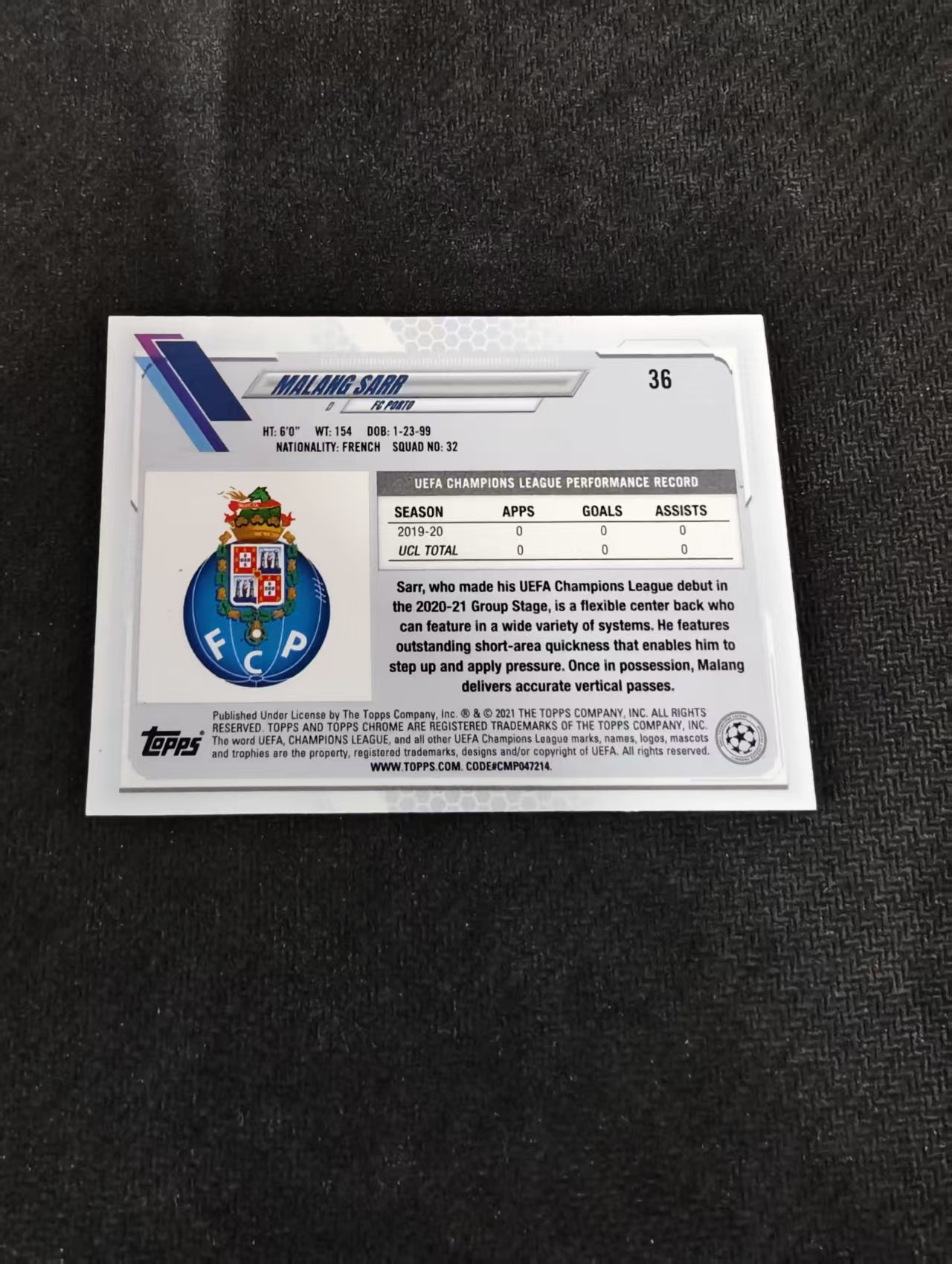 【可合并,不累计】2021 Topps Chrome malang sarr 欧冠 蓝宝石 波尔图 RC 新秀 马朗 萨尔 蓝碎冰 #36 划痕 边角瑕疵