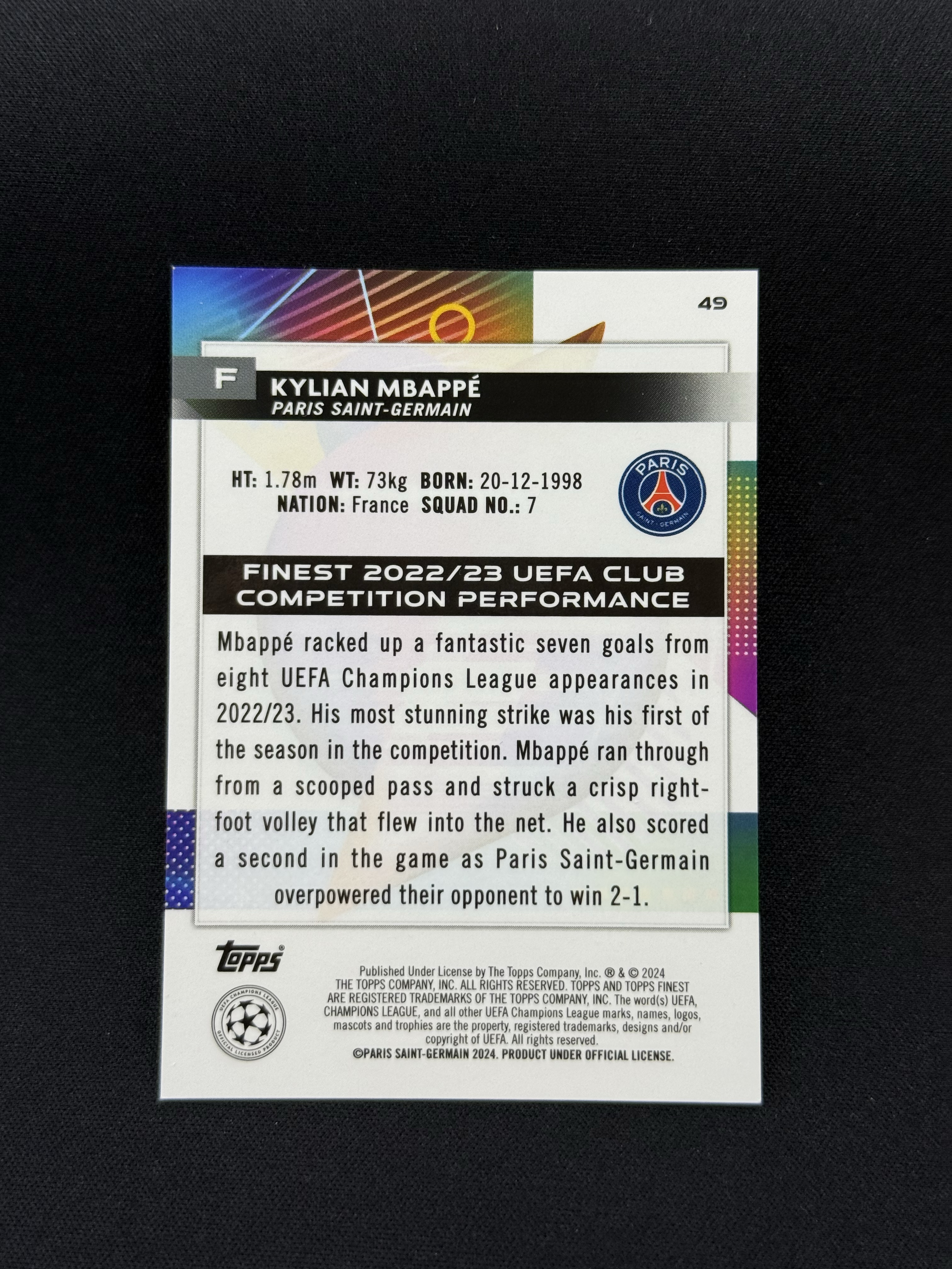 2023-24 Topps Finest Kylian Mbappe 【小贝代拍】欧战 Finest 大巴黎 姆总 姆巴佩 紫折 299编 卡品如图 拍前看描述 H CT