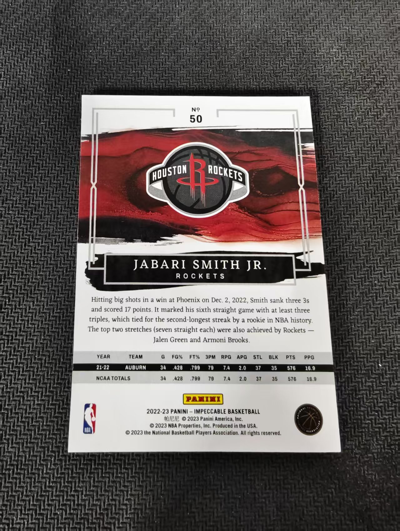 【汽水拍卖】2022-23 Panini Impeccable Jabari Smith Jr. RC 小真金 火箭 小贾巴里史密斯 新秀 99编