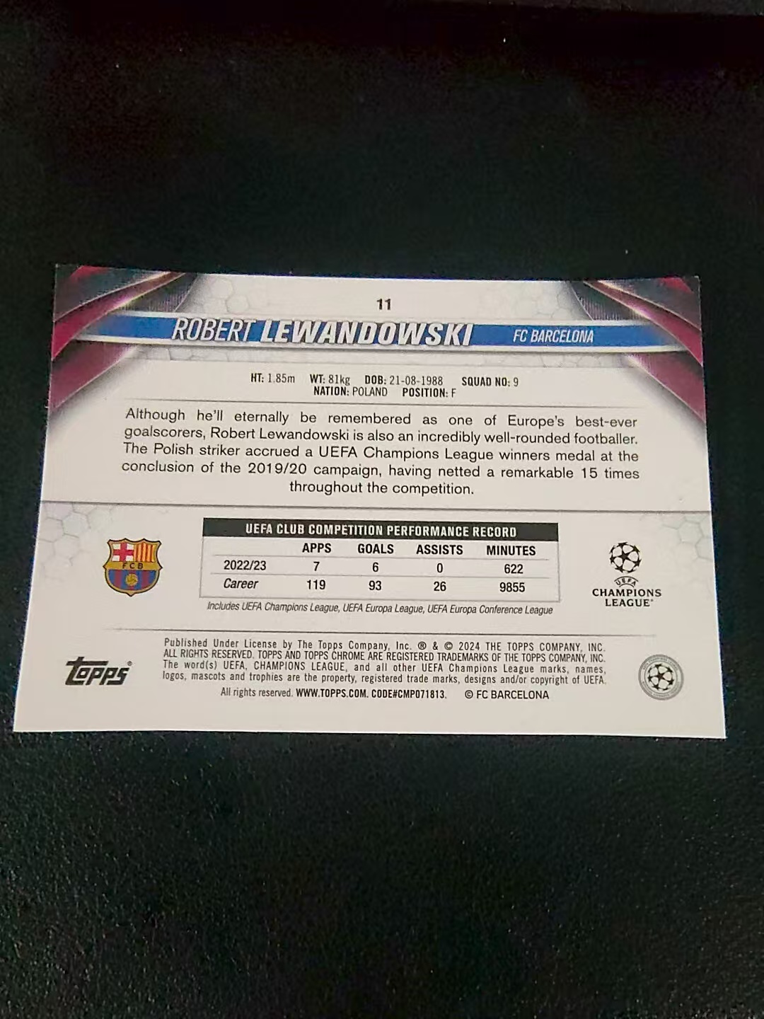 【可合并,不累计】2024 Topps Chrome Robert Lewandowski 罗伯特 莱万多夫斯基 巴萨 巴塞罗那 欧冠 划痕 边角瑕疵 #11