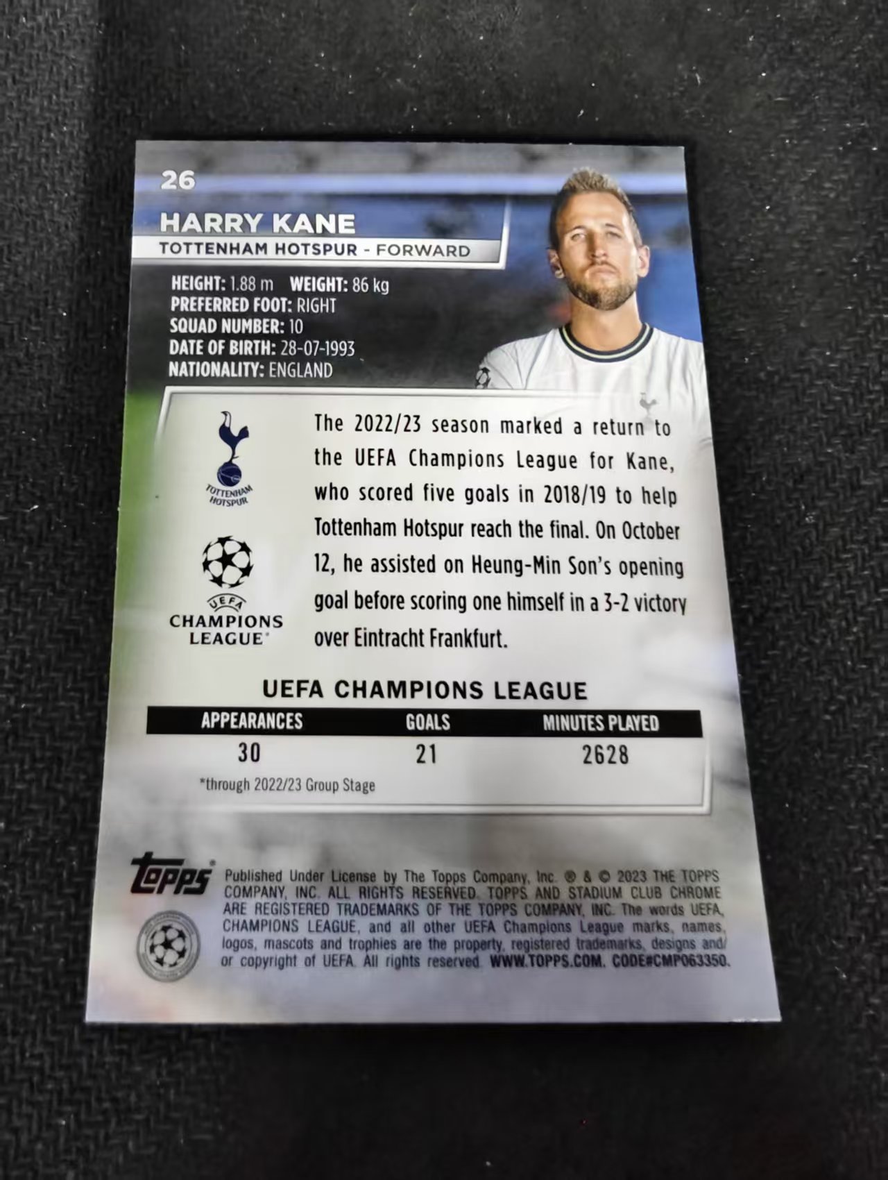 【可合并,不累计】2023 Topps Stadium Club Chrome Harry Kane 哈利 凯恩 热刺 欧冠 竞技场 不保卡品 介意勿拍 #26