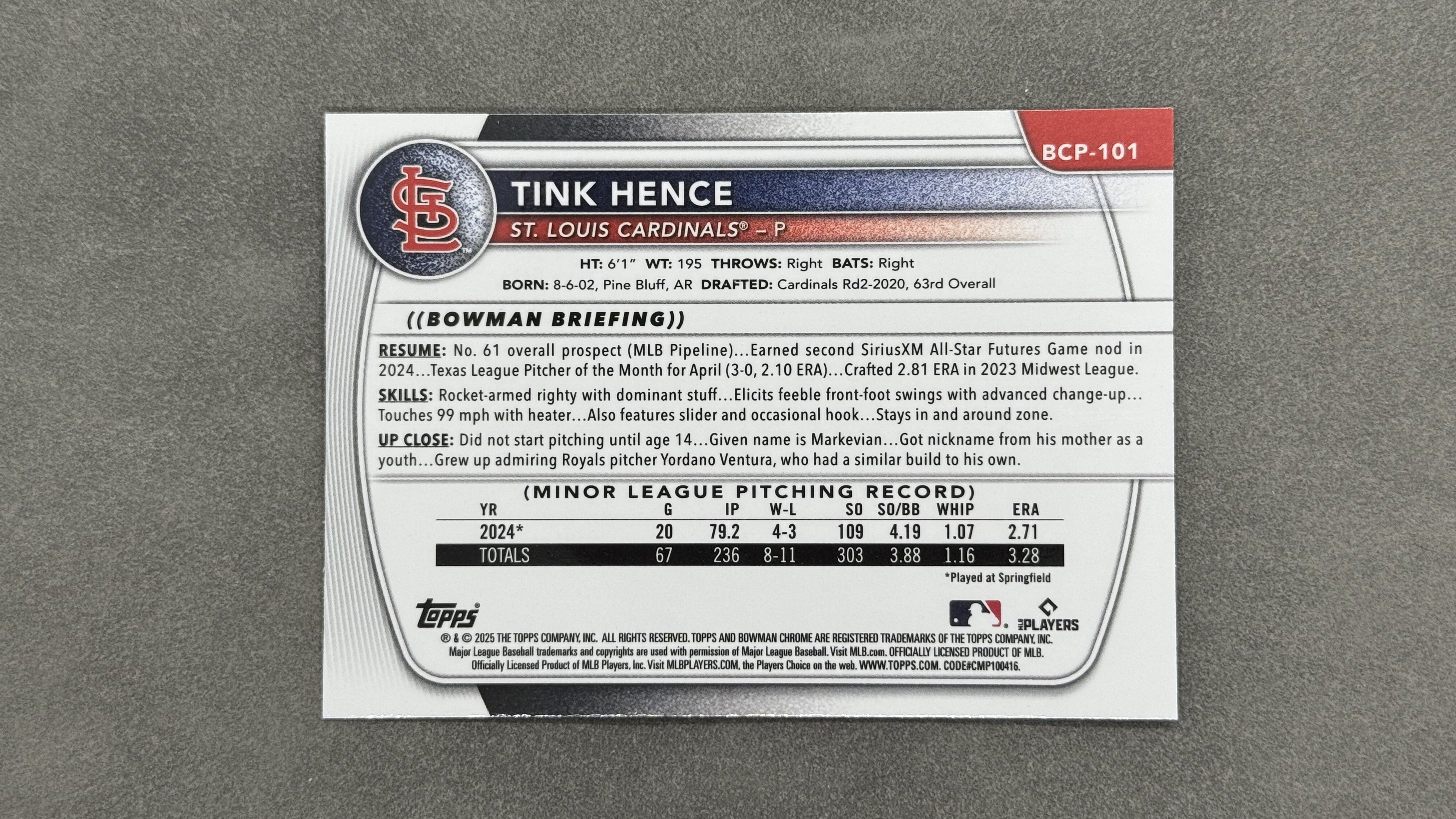 2025 Topps Bowman Tink Hence 汀克 亨斯 百大新秀 投手 紫色lava折 限量/250编 实卡好看 值得收藏 #BCP-101