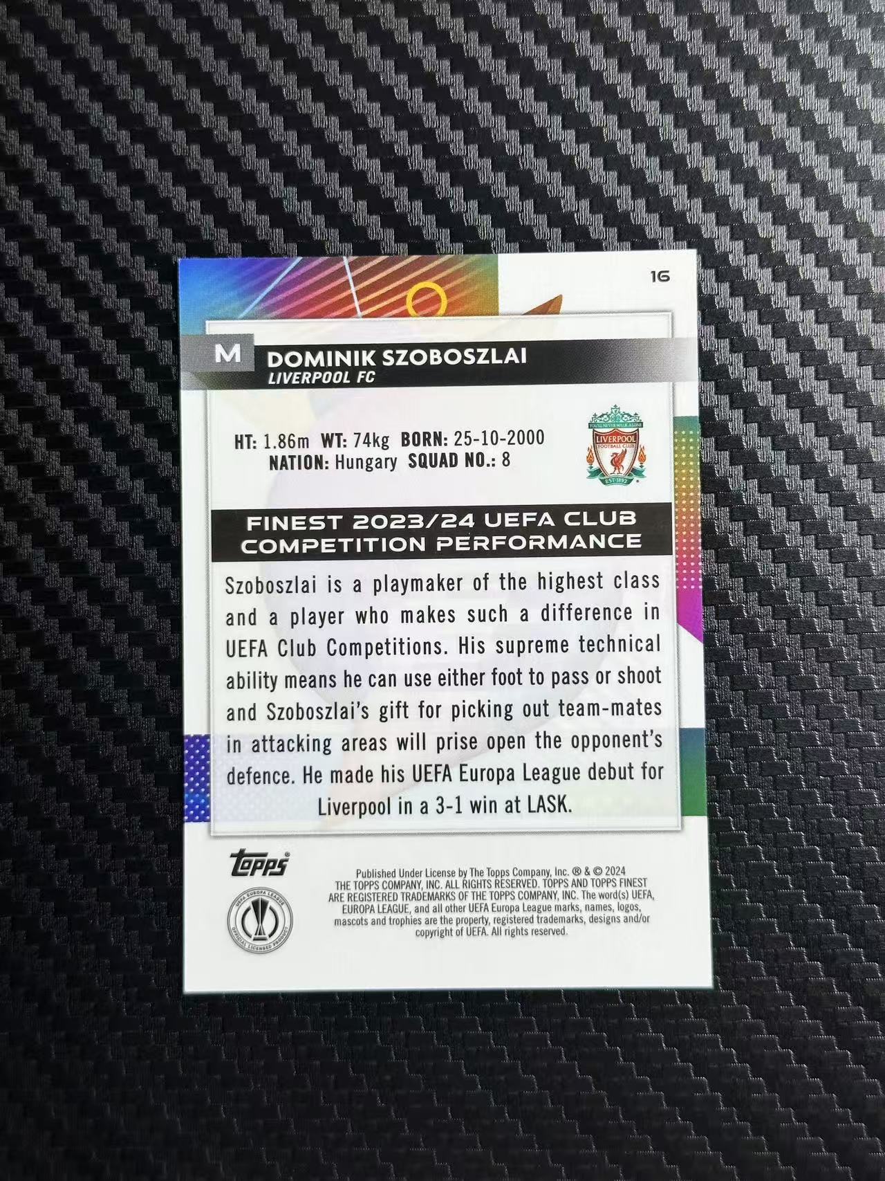 2024 Topps Finest Dominik Szoboszlai 欧冠 索博斯洛伊 利物浦 紫折 056/299编 卡品如图 拍前看描述