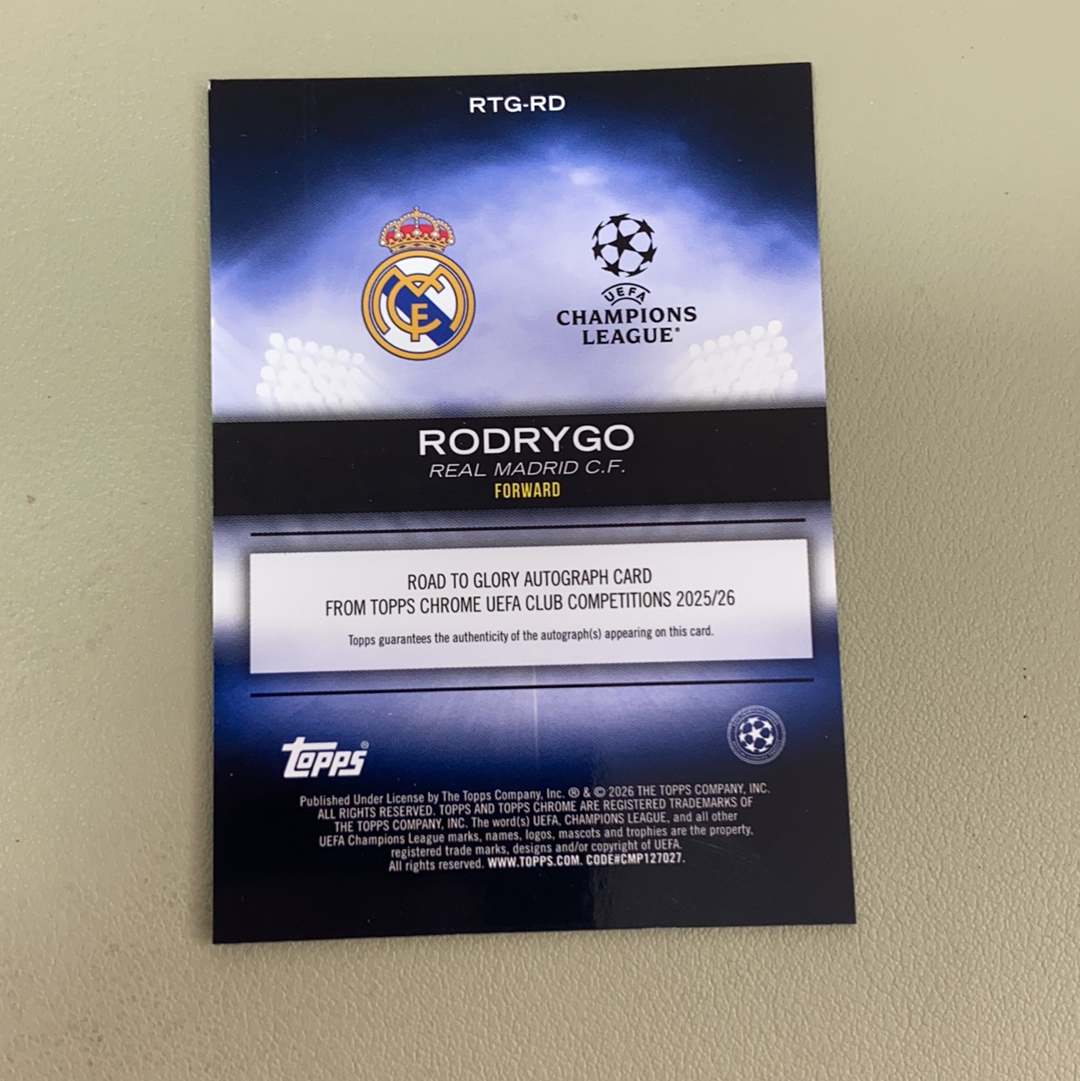【小牛代拍】2026 Topps Chrome Rodrygo 罗德里戈 皇马 皇家马德里 欧冠TC 金折 7/50编 签字 荣耀之路签 Road To Glory 卡品如图(一哥)