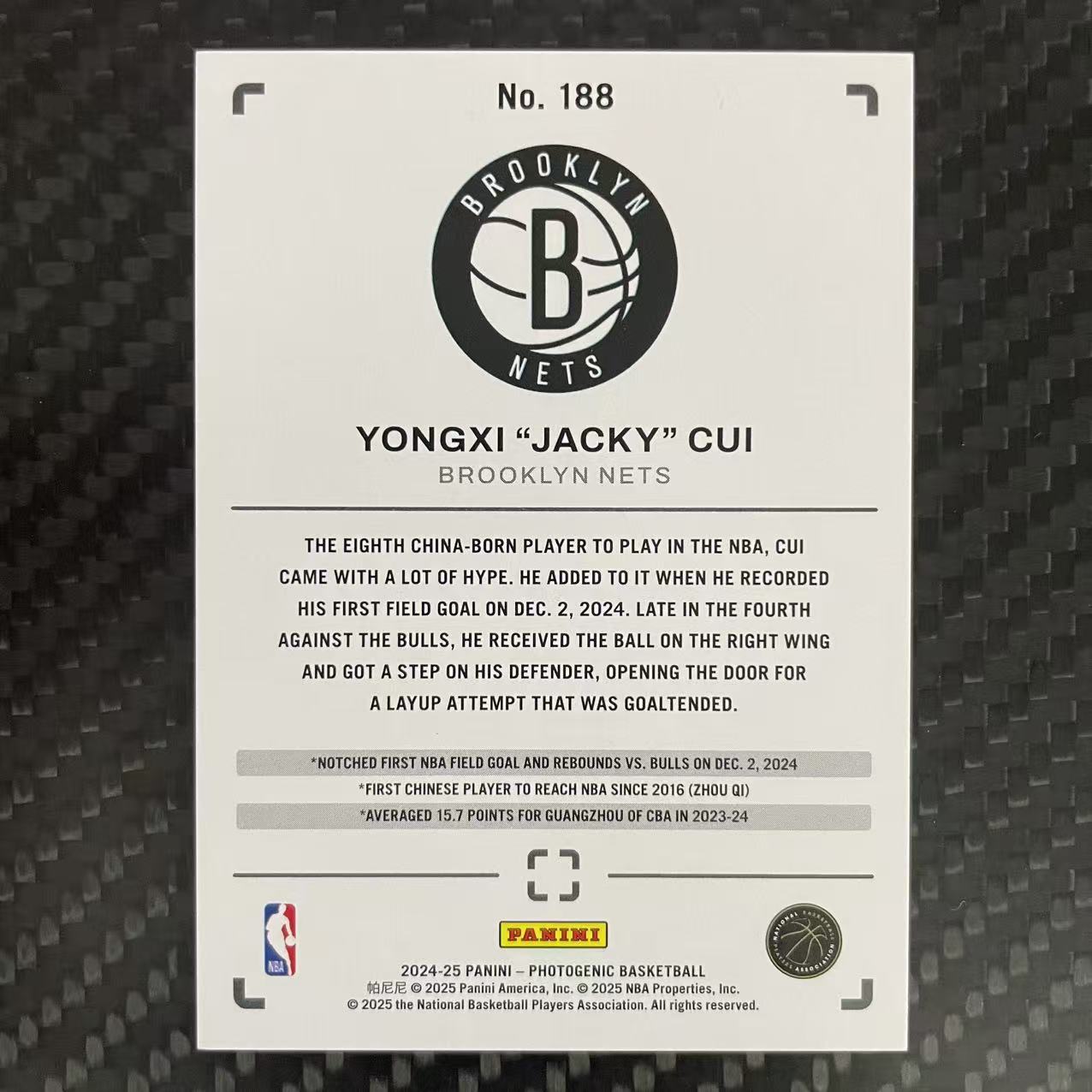 2024-25 Panini Photogenic CUI YONGXI RC 【杰克森拍卖】崔永熙 篮网 新秀 75编 碎冰折 雕哥