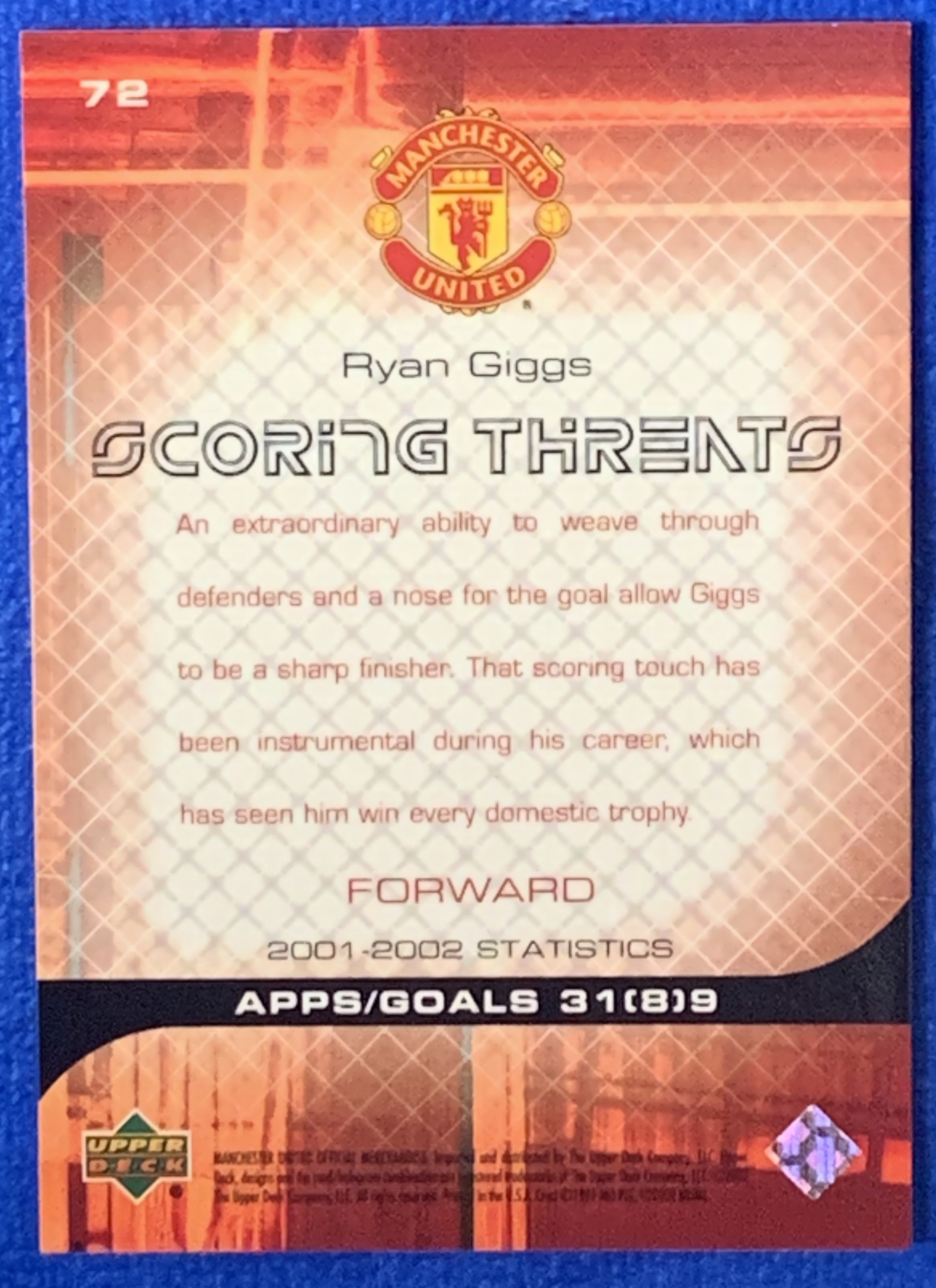 2002 Upper Deck Manchester United Ryan Giggs 亚德得分能力特卡 曼联 吉格斯 92班 英超欧冠冠军 足总杯经典进球 威尔士Wales 不保卡品ebay有价