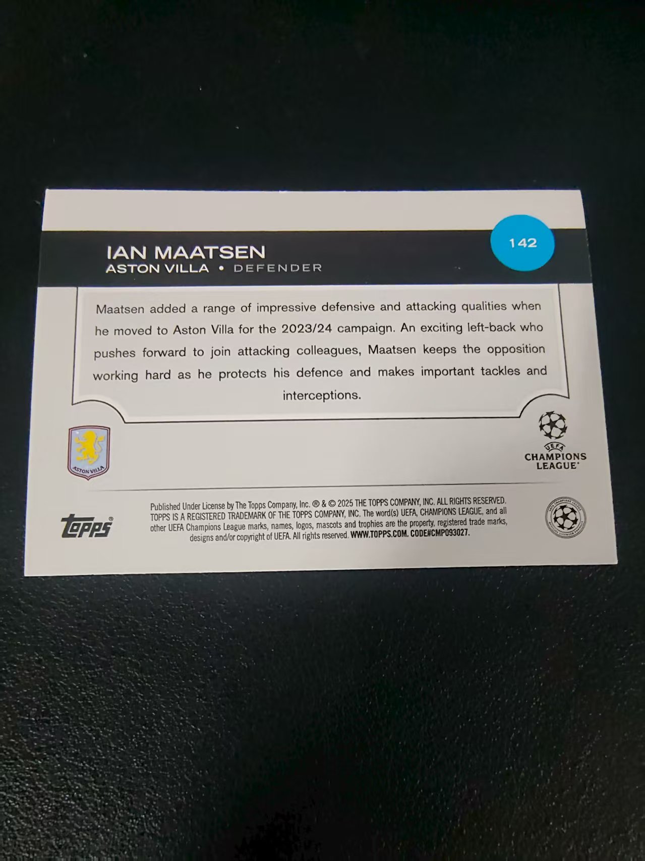 【可合并,不累计】2025 Topps Chrome IAN MAATSEN 伊恩 马特森 阿斯顿维拉 欧冠 划痕 边角瑕疵 #142