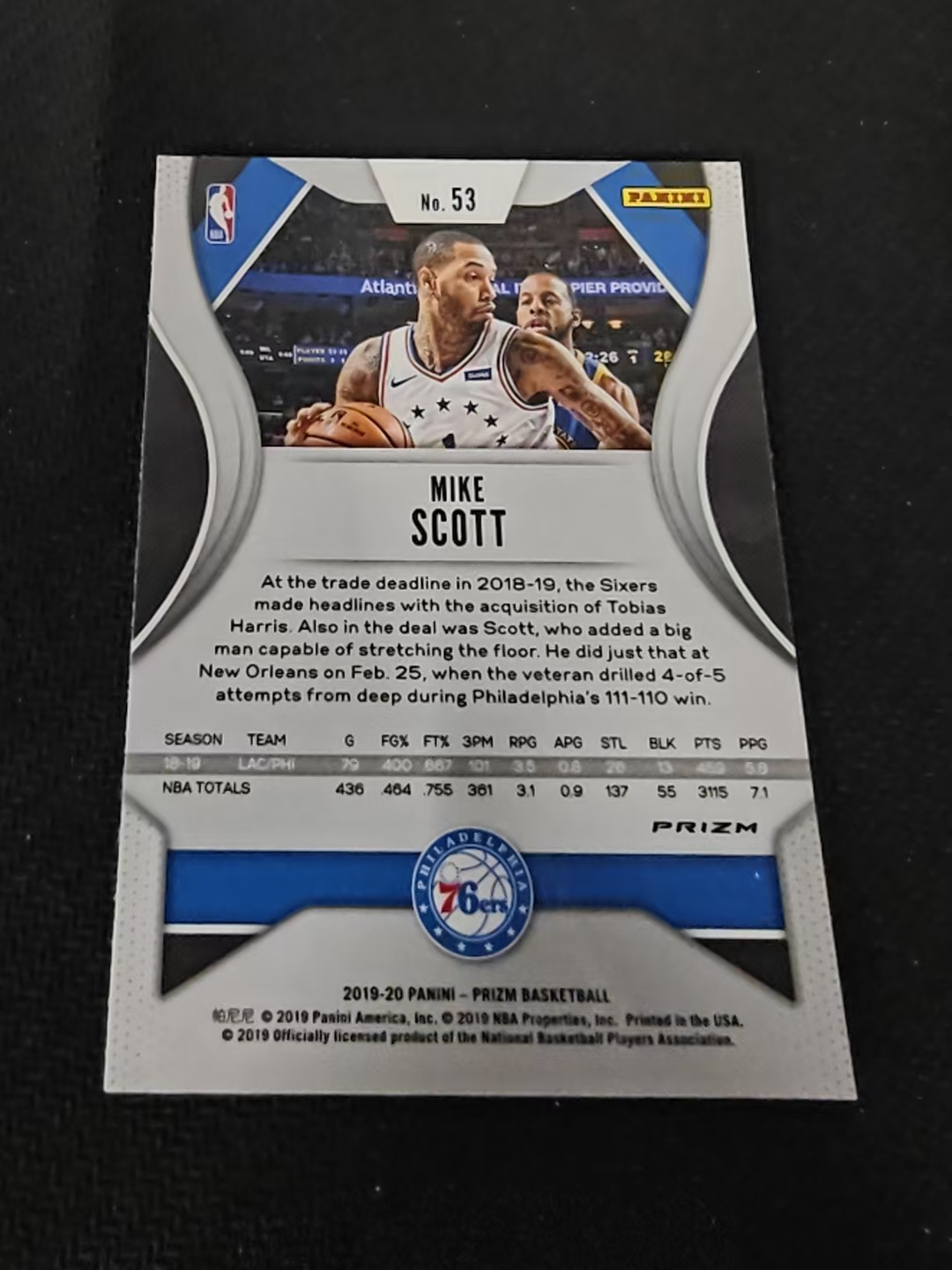 2019-20 Panini Prizm Mike Scott 迈克 斯科特 76人 绿折 PZ 划痕 边角瑕疵 #53