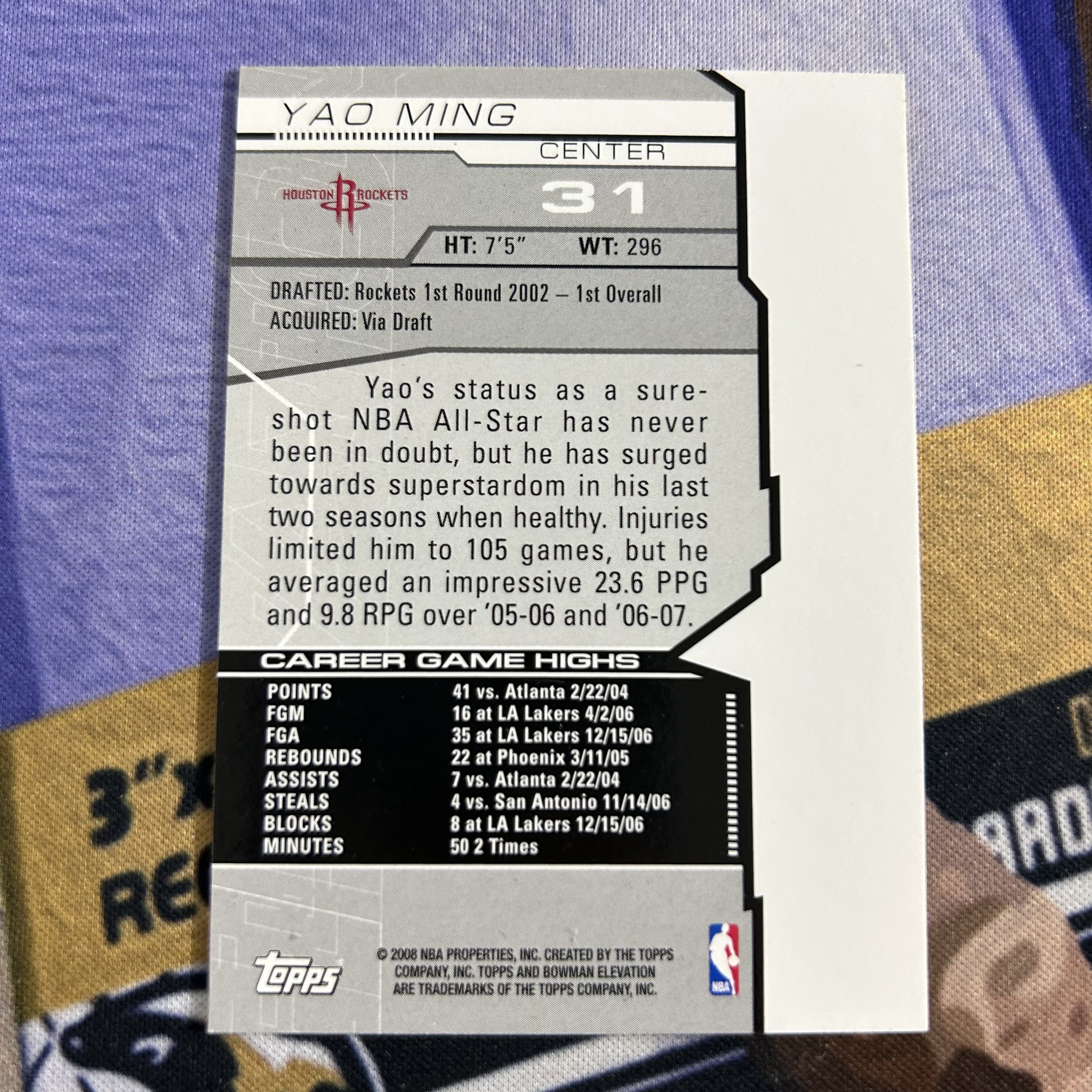 2007-08 Topps Elevation Yao Ming 姚明 火箭 #31 经典国人老卡 稀有选图 实卡超美 老卡轻微小白边通病