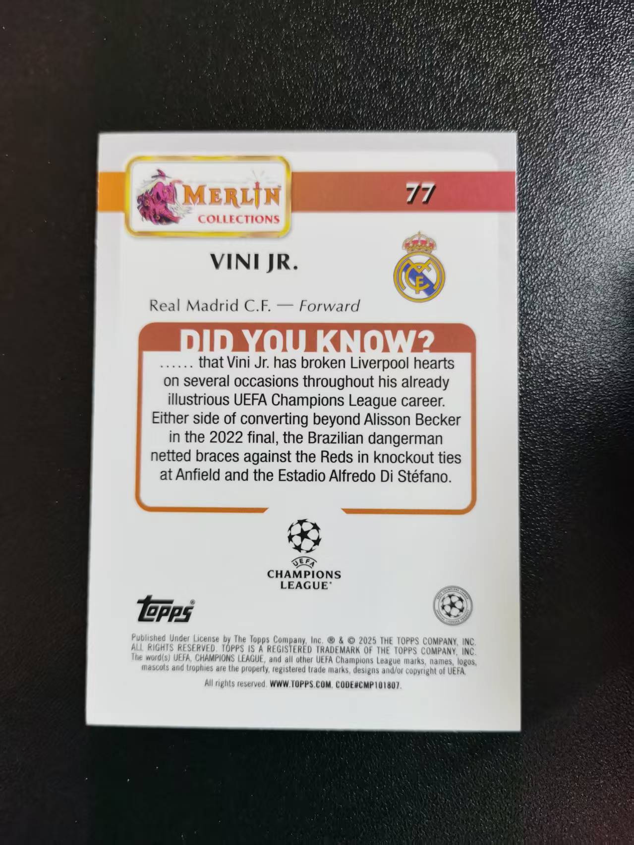 2025 Topps Merlin Vini Jr. 小熊 维尼修斯 皇家马德里 巴西 梅林欧冠 碎冰折 收藏凑套 卡品如图 免费代拍AKJ
