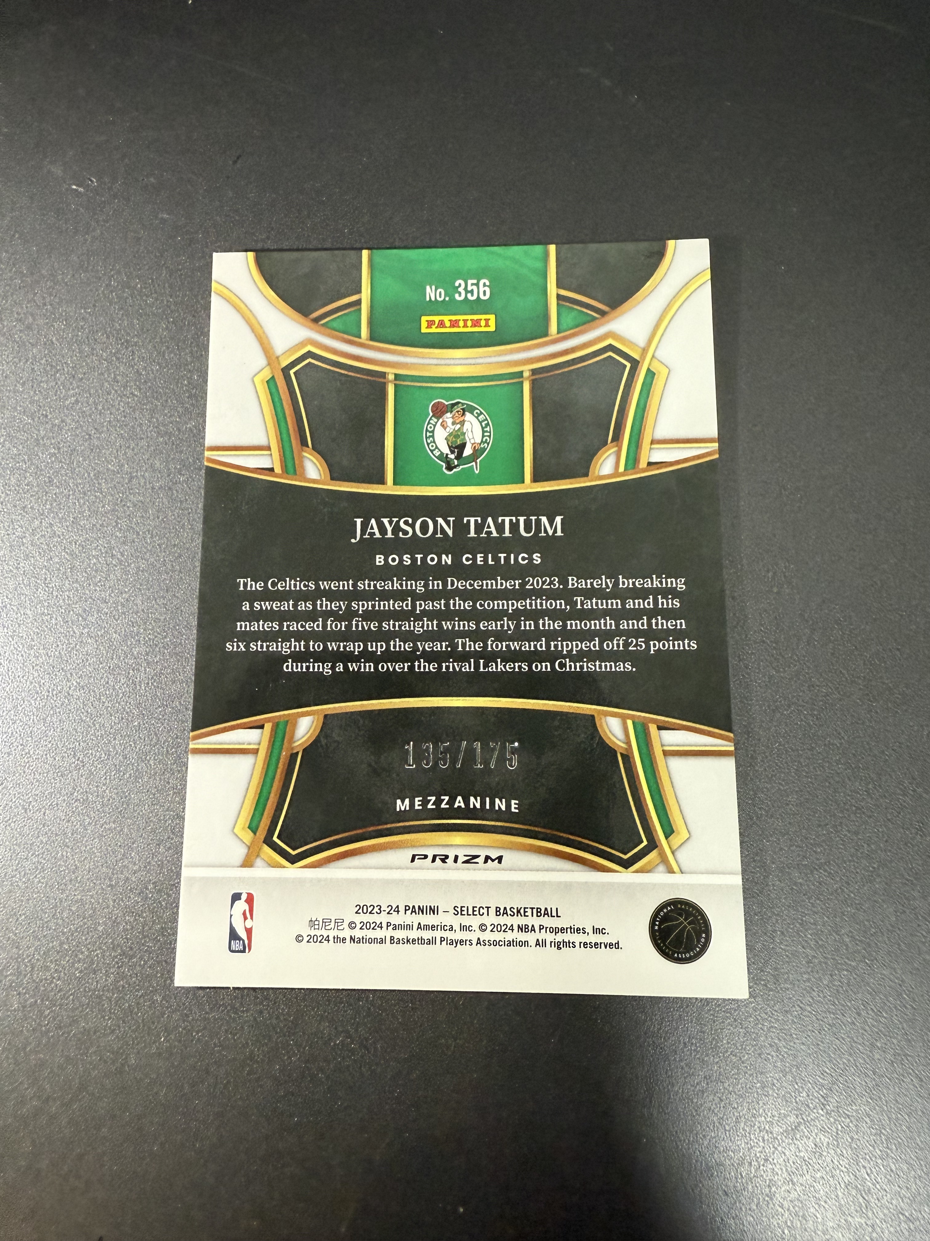 2023-24 Panini Select Jayson Tatum 杰森 塔图姆 四级 大比例 SSP 紫瀑布 175编 MM