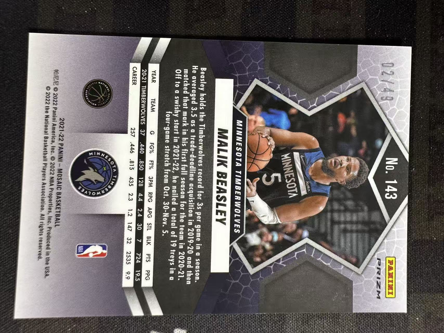 2021-22 Panini Mosaic Malik Beasley #143森林狼 比斯利 粉折 马赛克 49编