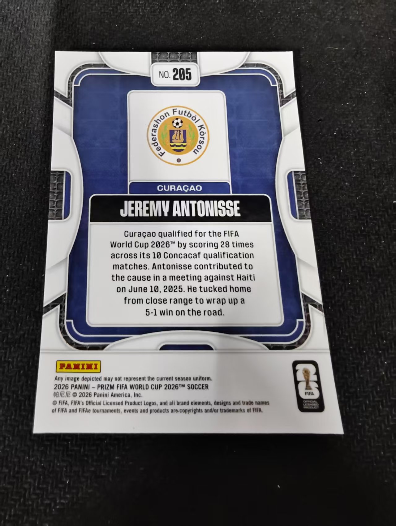 2026 Panini World Cup Prizm jeremy antonisse 世界杯 库拉索 新秀RC 安东尼塞 PZ世界杯 划痕 边角瑕疵#205
