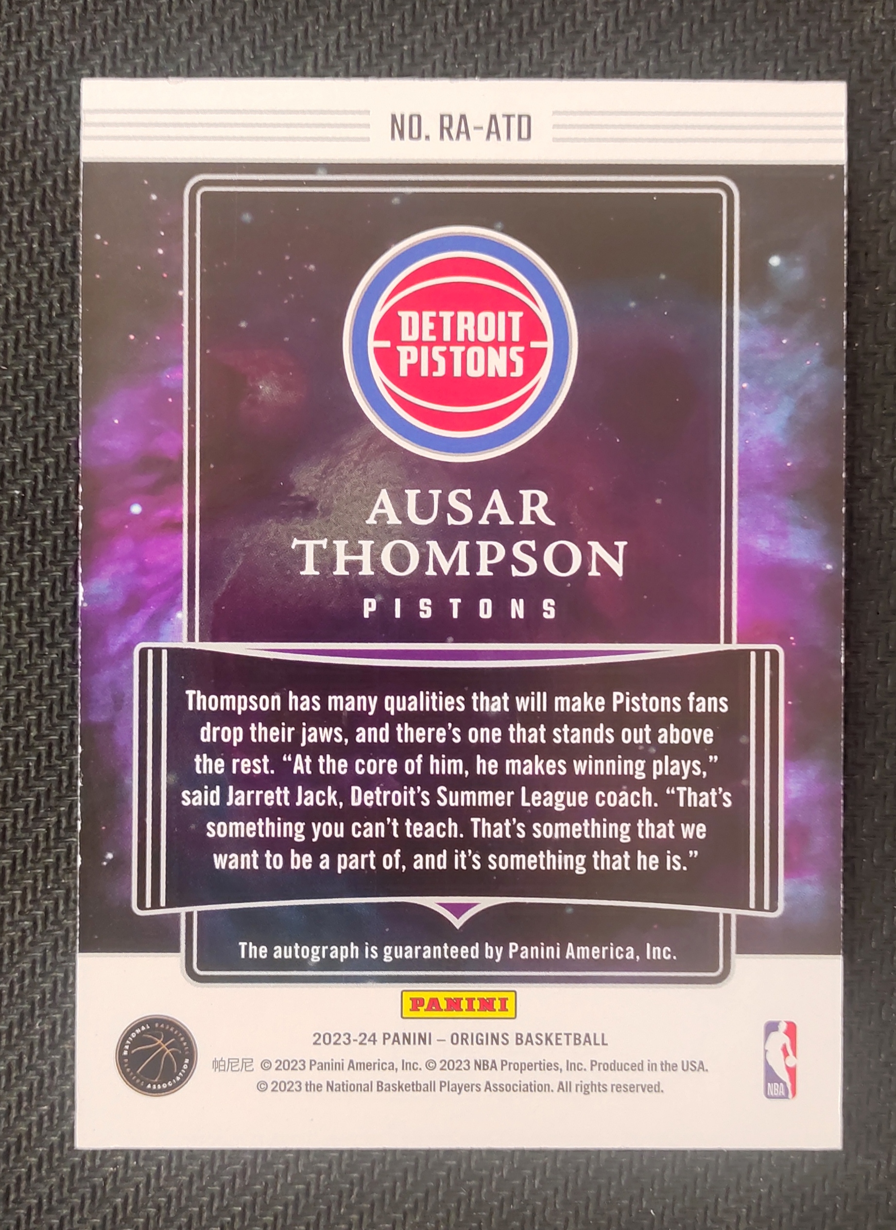 2023-24 Panini Origins Ausar Thompson RC 奥萨尔 汤普森 活塞 新秀 起源 签字 卡签 99编 瑕疵如图