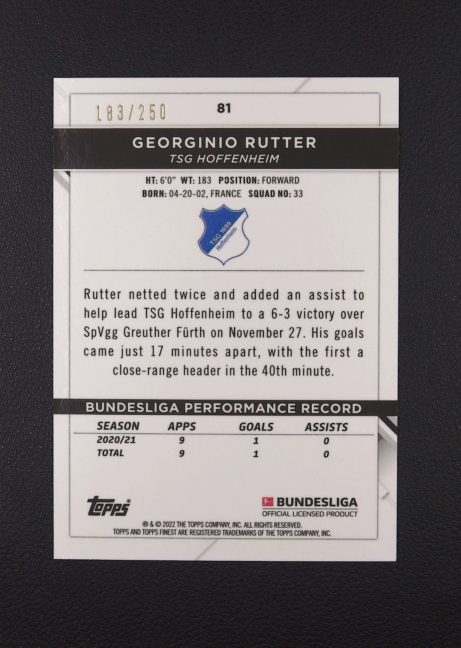 2022 Topps Finest Georginio Rutter RC 乔吉尼奥 鲁特 新秀 183/250编 紫波纹折 德甲 霍芬海姆【Big M 代拍】 M卫001