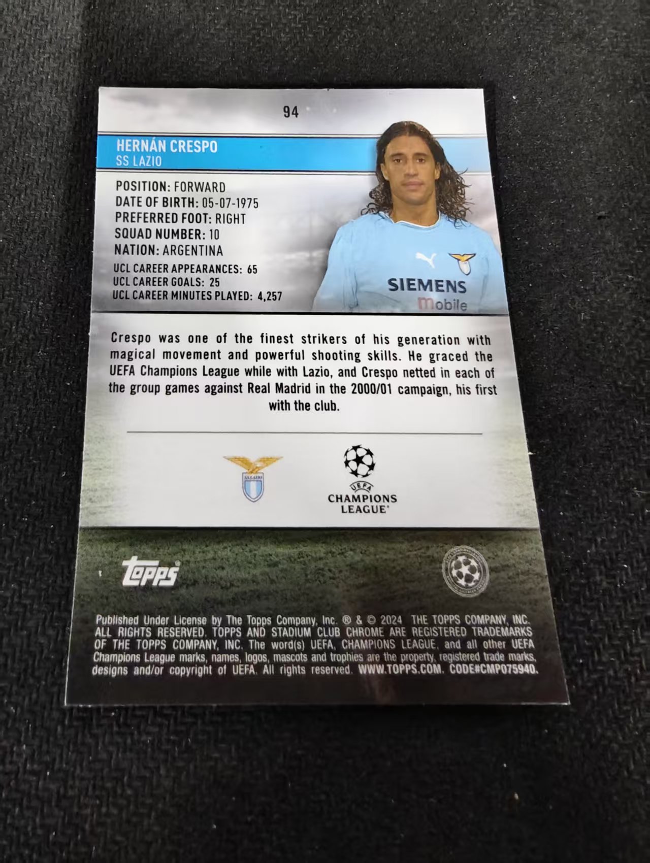 【可合并,不累计】2024 Topps Stadium Club Chrome Hernán Crespo 克雷斯波 拉齐奥 竞技场 欧冠 不保卡品 介意勿拍 #94