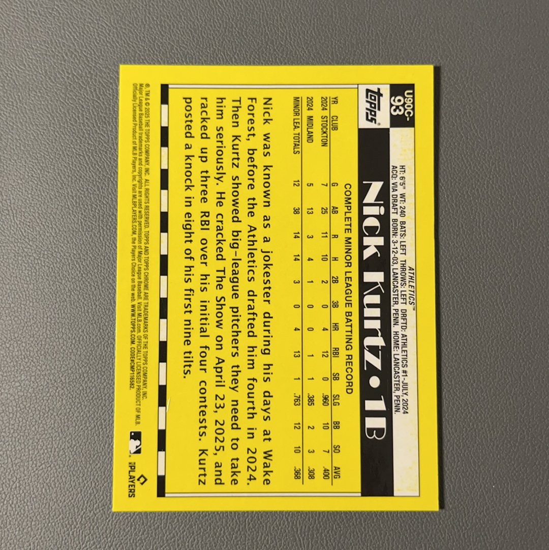 2025 Topps Update Nick Kurtz RC 尼克 库尔茨 运动家 最佳新人 新秀 银包 复古 Mojo折 绿折 99编 color match 卡背瑕疵如图