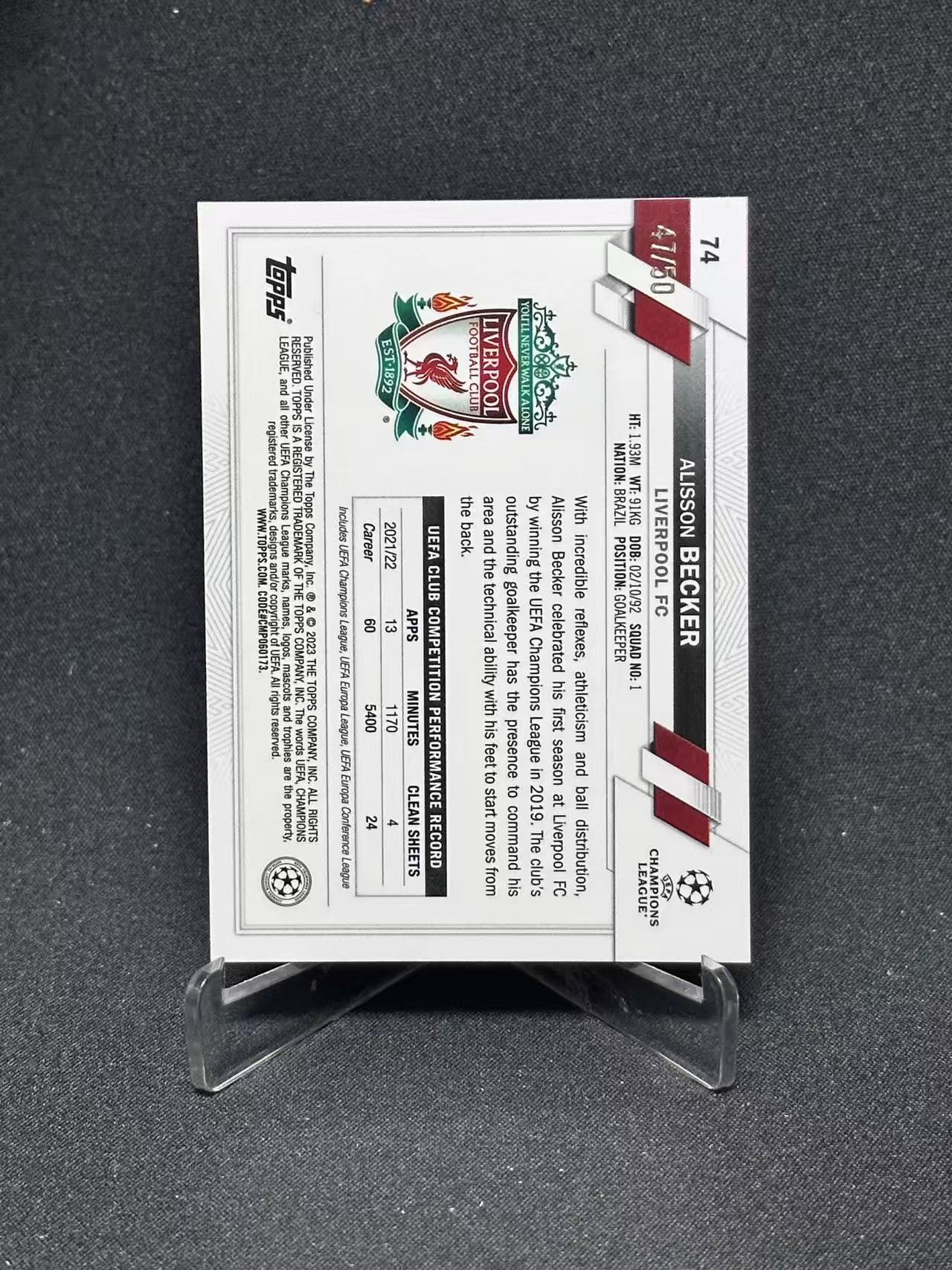 2023 Topps Chrome Alisson Becker 【哆哆卡社】阿利松·贝克尔 50编 低编 金折 chrome精品 欧冠 卡品如图