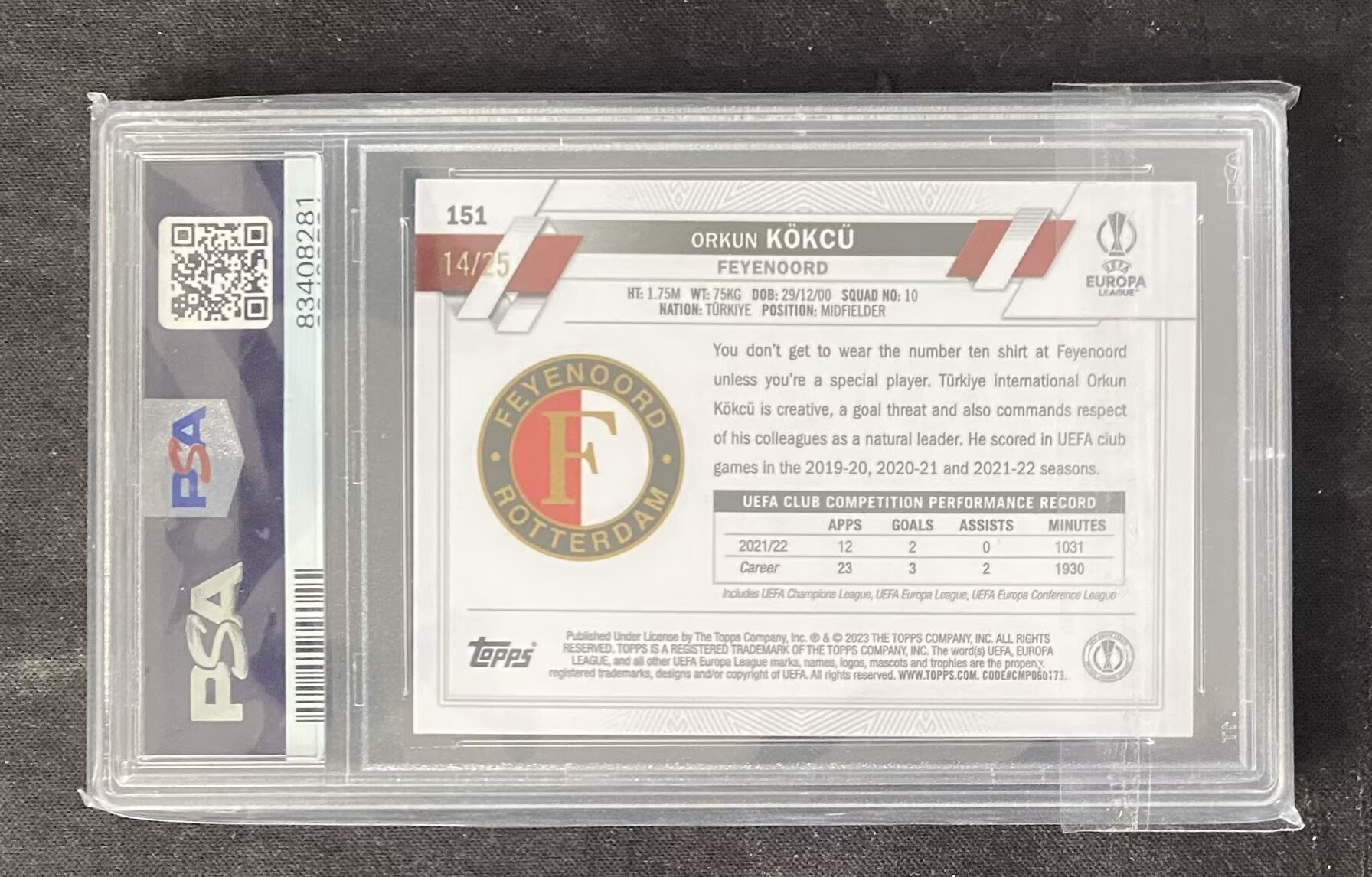 2022-23 Topps Chrome Orkun Kökcü RC 【来拆波卡】欧冠 费耶诺德 奥尔昆 柯克曲 新秀 橙折 25编 PSA10分 jjdk