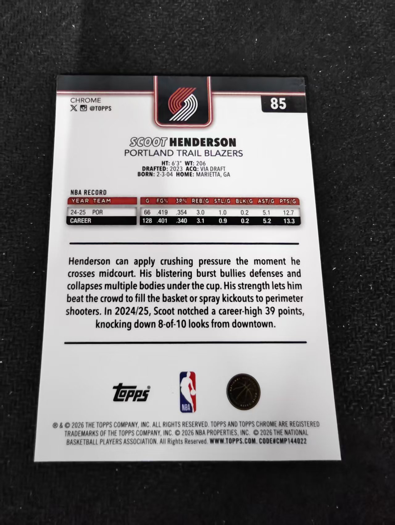 2026 Topps Chrome Update Scoot Henderson 开拓者 斯库特 亨德森 TCU 划痕 边角瑕疵 #85