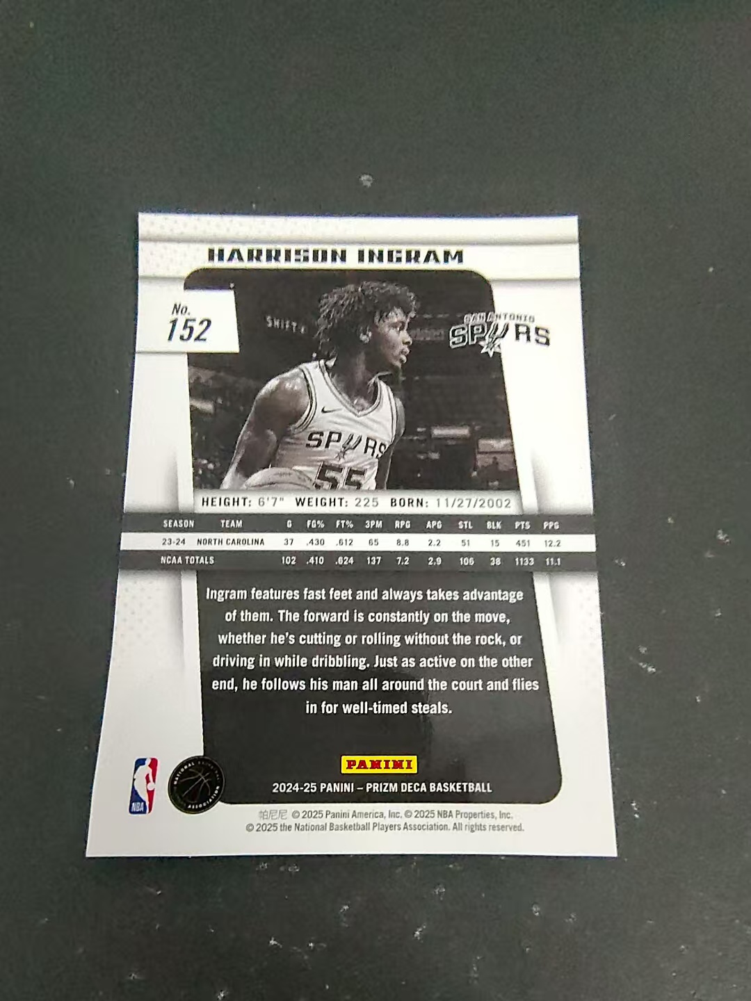 【可合并,不累计】2024-25 Panini Prizm Harrison Ingram RC DECA 马刺 新秀 英格拉姆 PZ 复刻 划痕 边角瑕疵 #152