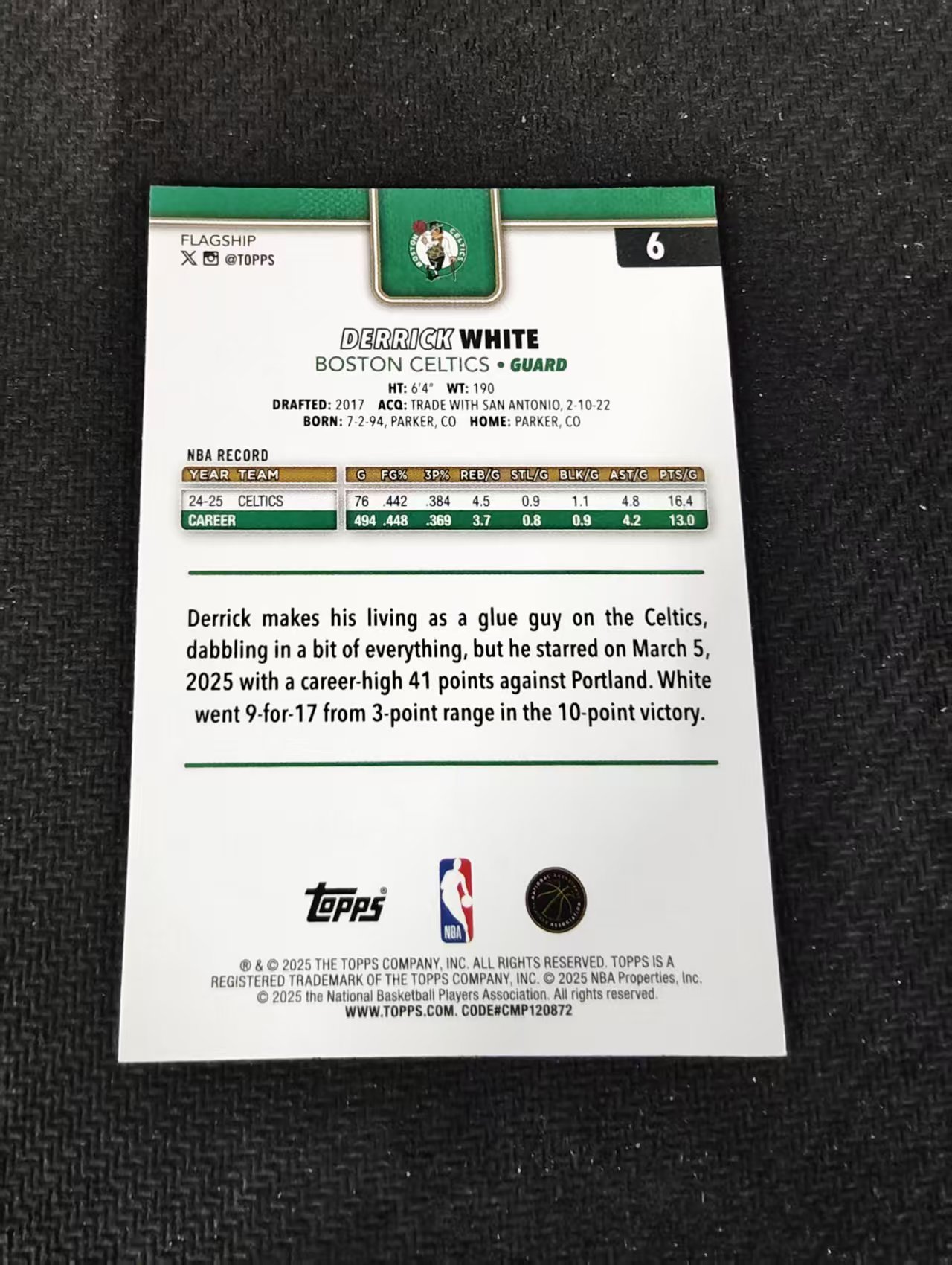 【可合并,不累计】2025 topps flagship Derrick White 德里克 怀特 凯尔特人 不保卡品 介意勿拍 @6