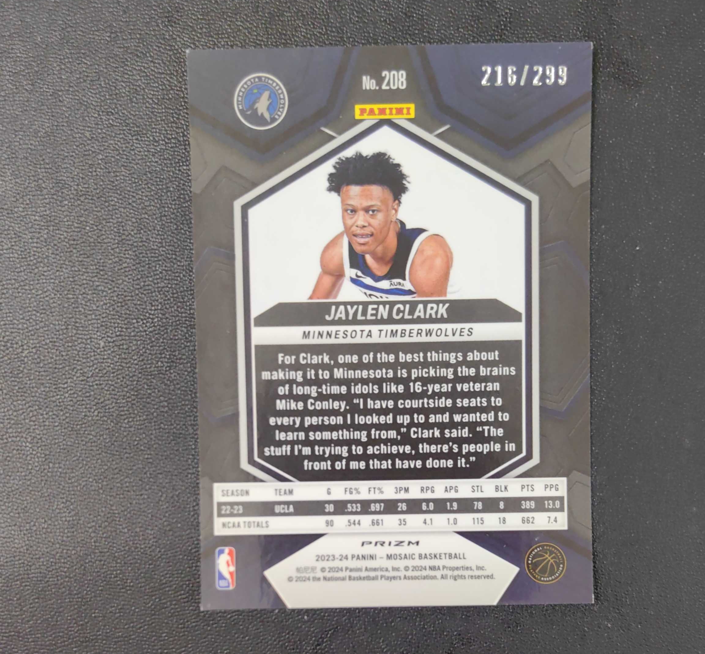 2023-24 Panini Mosaic Jaylen Clark 杰伦 克拉克 森林狼 新秀 RC 马赛克 299编 鹈鹕队 东契奇 sga 库里 文班亚马 詹姆斯 多张再拍