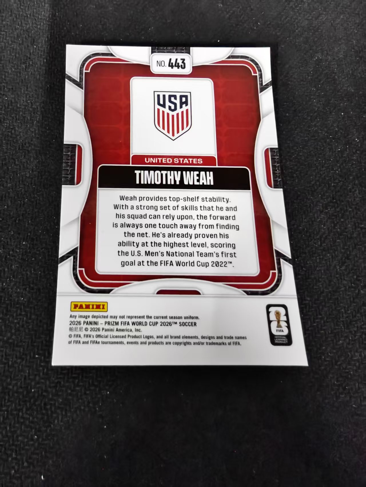 2026 Panini World Cup Prizm Timothy Weah 蒂莫西 维阿 美国 马赛 尤文 巴黎 PZ世界杯 划痕 边角瑕疵#443