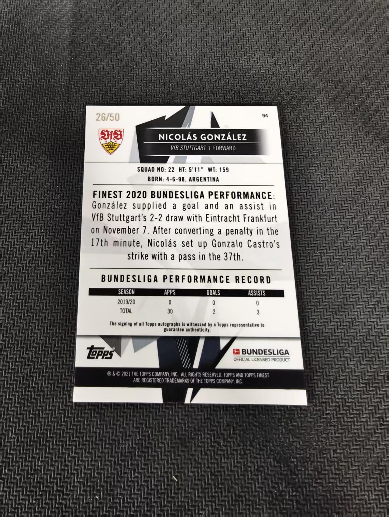 【可合并,不累计】2021 Topps Finest nicolas gonzalez 尼古拉斯 冈萨雷斯 德甲 绿折 签字 50编 边角微瑕