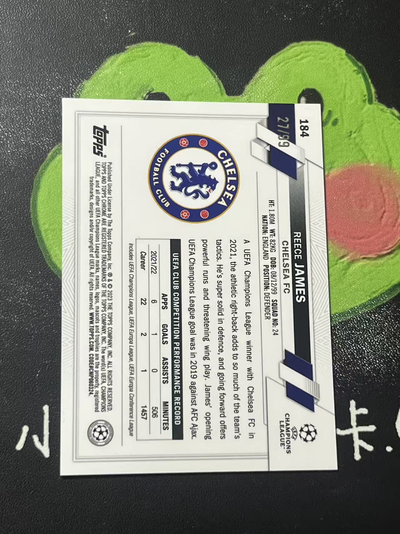 2023 Topps Topps Reece James 欧冠 蓝宝石 切尔西 里斯 詹姆斯 99编 金碎冰折 微瑕如图【ZYP代拍】无语
