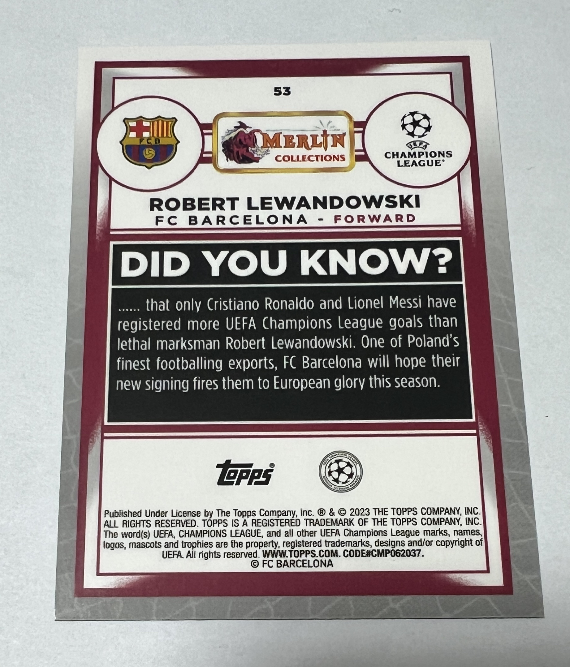 2023 Topps Merlin Robert Lewandowski 欧冠 梅林 巴塞罗那 罗伯特 莱万多夫斯基 绿shimmer折 折射 107/350编 卡品如图