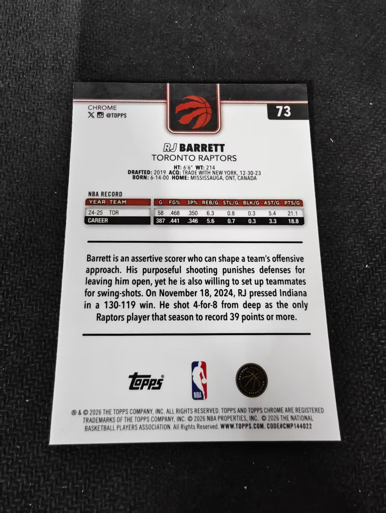 2026 Topps Chrome Update rj barrett 猛龙 rj 巴雷特 黑白折 TCU 划痕 边角瑕疵 #73