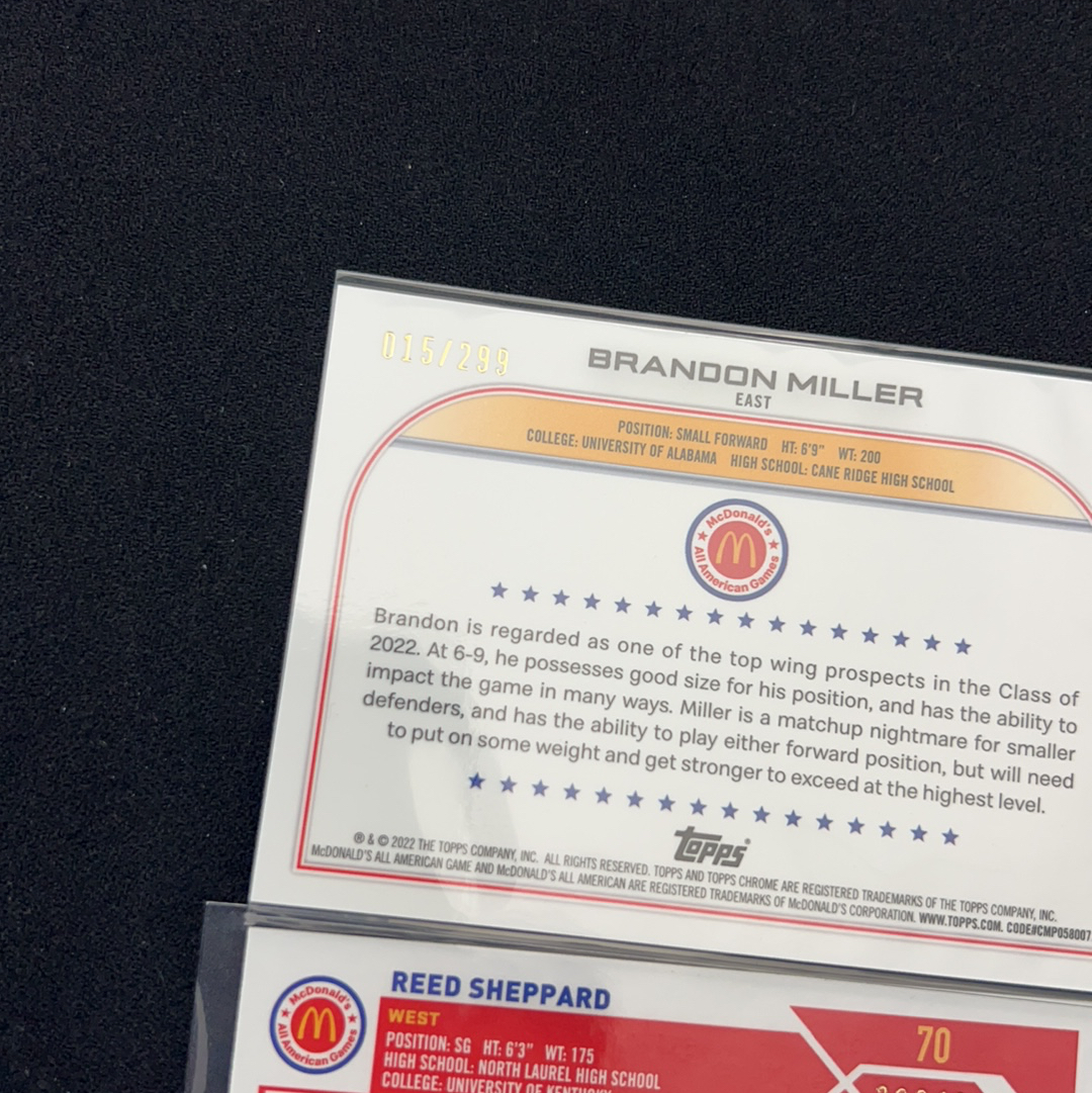 2022 Topps Chrome Brandon Miller 【小V代拍】布兰登 米勒 里德 谢泼德 折射 紫折 银折 299编 2张 卡品如图【阿里嘎多】z