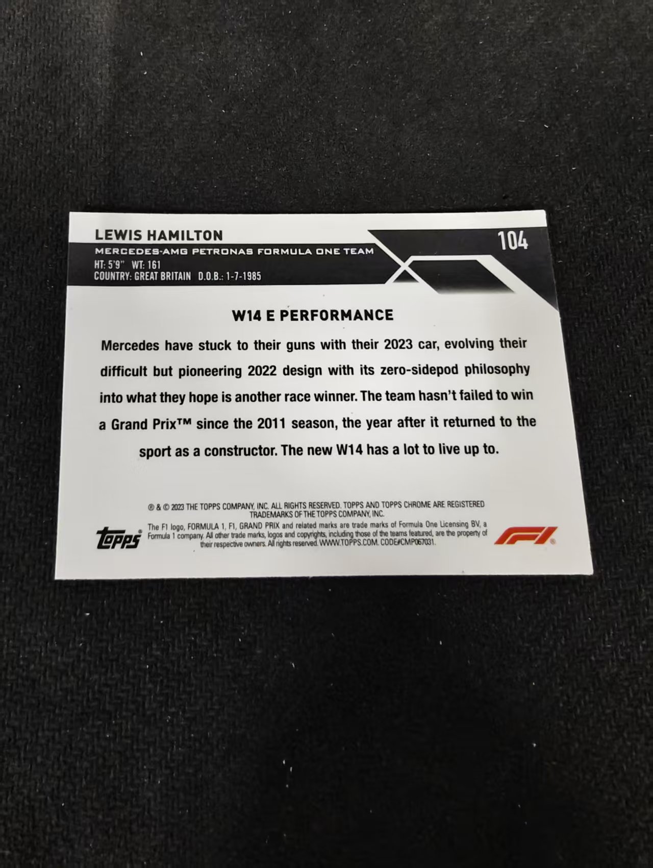 2023 Topps Chrome Lewis Hamilton F1 梅奔AMG 刘易斯 汉密尔顿 划痕 边角瑕疵 #104