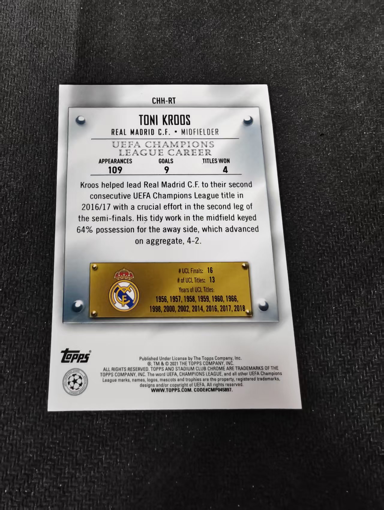 【可合并,不累计】2021 Topps Stadium Club Chrome toni kroos 欧冠竞技场 皇马 托尼 克罗斯 银折 特卡 划痕 边角瑕疵