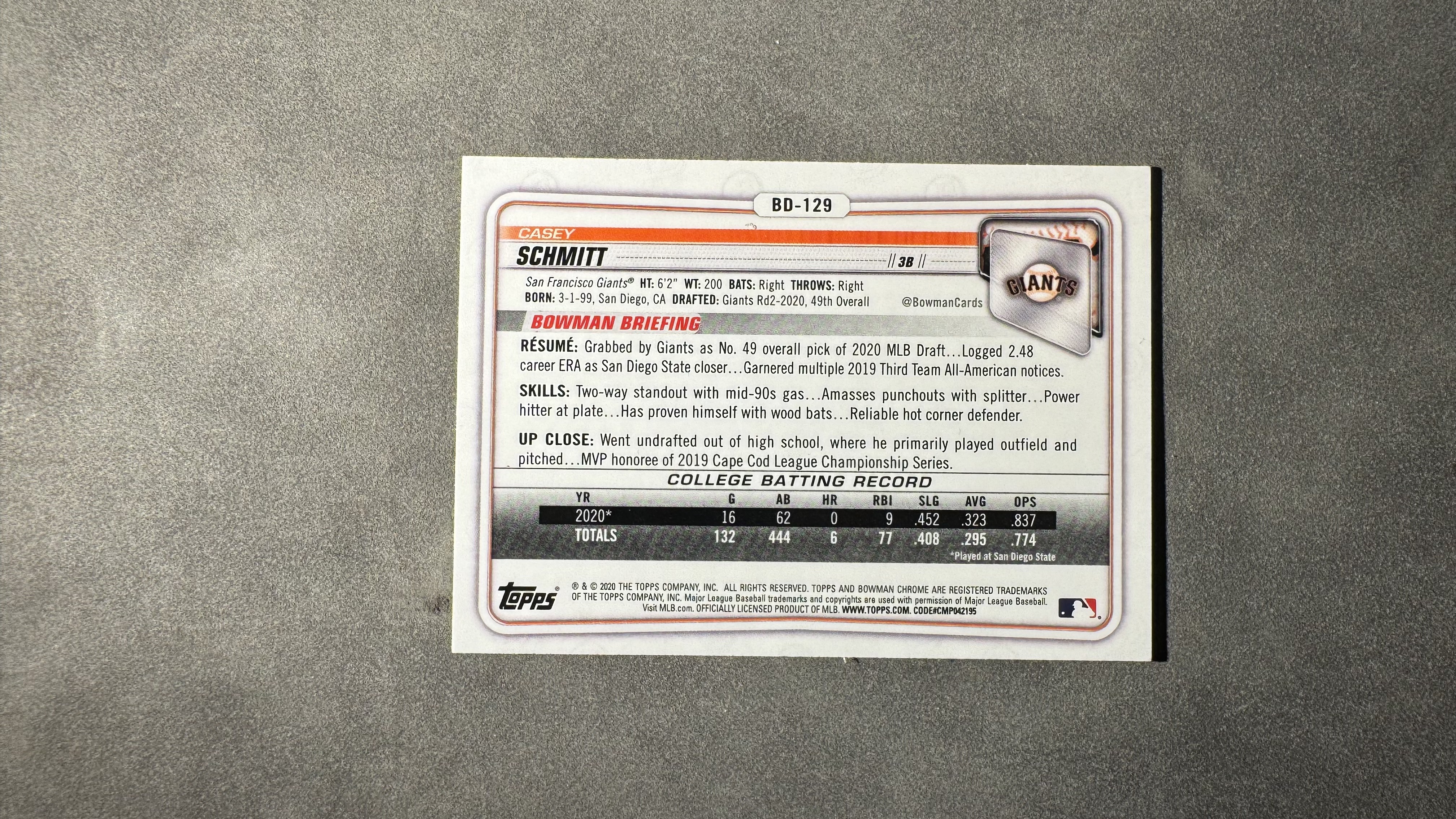 2020 Topps Bowman Casey Schmitt RC #BD-129 旧金山巨人队的内野手 凯西・施密特 1ST 新秀 Mojo银折 优秀的防守和打击能力 未来可期 值得收藏