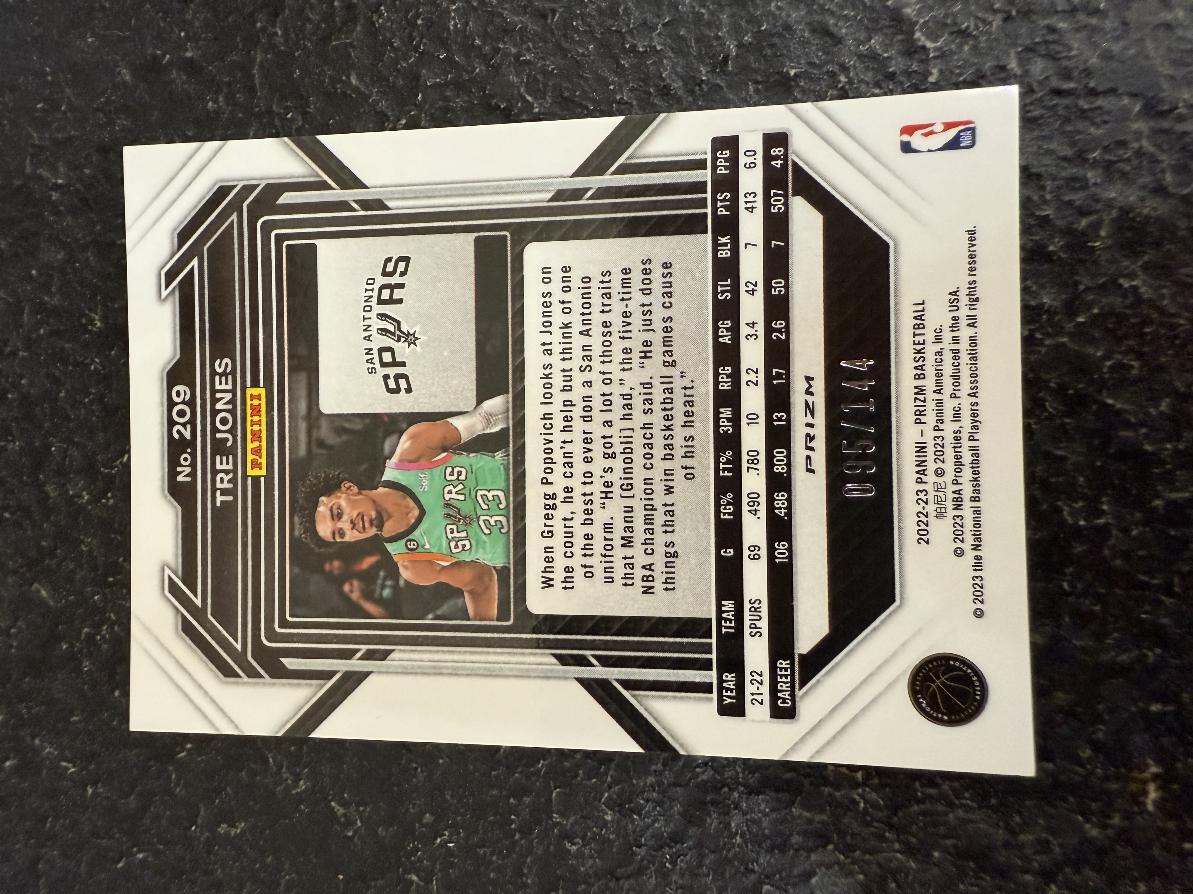 2022-2023 PANINI PRIZM 特雷琼斯 转会公牛 144编 蓝碎点折 近期大爆发 稀有折射 收藏佳品 卡品如图 拍前细看备注