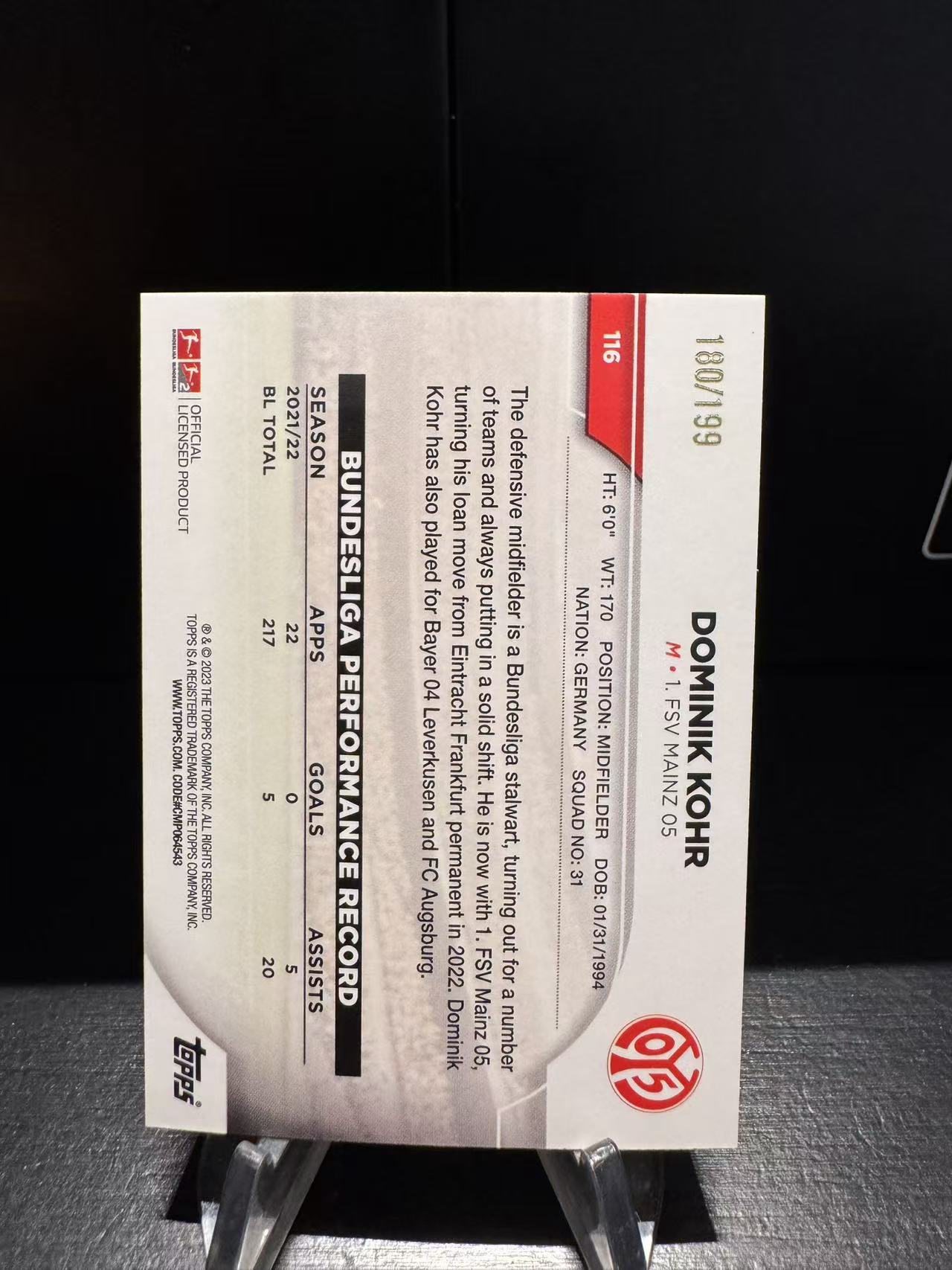 龖2023 Topps UCC Dominik Kohr 德甲 龙年碧玉 美因茨 多米尼克 科尔 180/199编 新春碧玉折 卡品如图 MJ002l