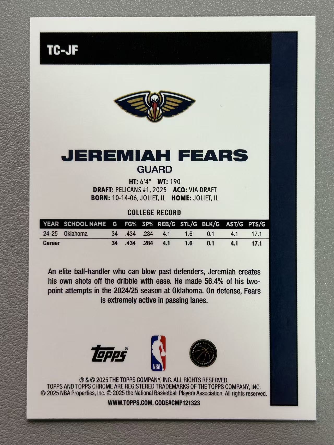 【阿泽代卖】2025 Topps Flagship Jeremiah Fears 鹈鹕 新秀 RC 杰里迈亚 费尔斯 折射 Mojo折 选图巨帅 卡品如图 介意勿拍