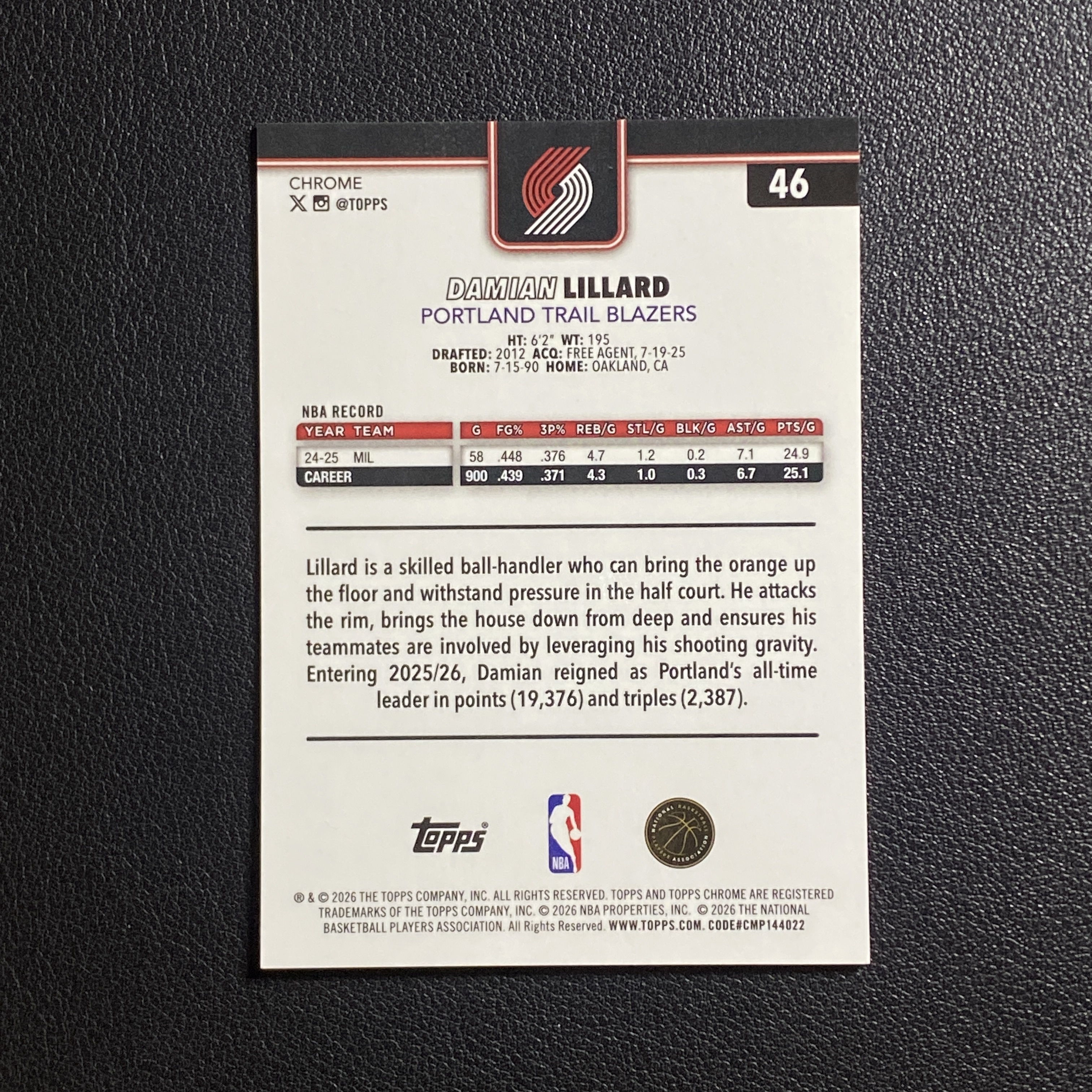 【伦子】2026 TOPPS CHROME UPDATE 开拓者 DAMIAN LILLARD 利拉德 表哥 75编 紫马赛克折 正base TCU 瑕疵见图 SAMM-14