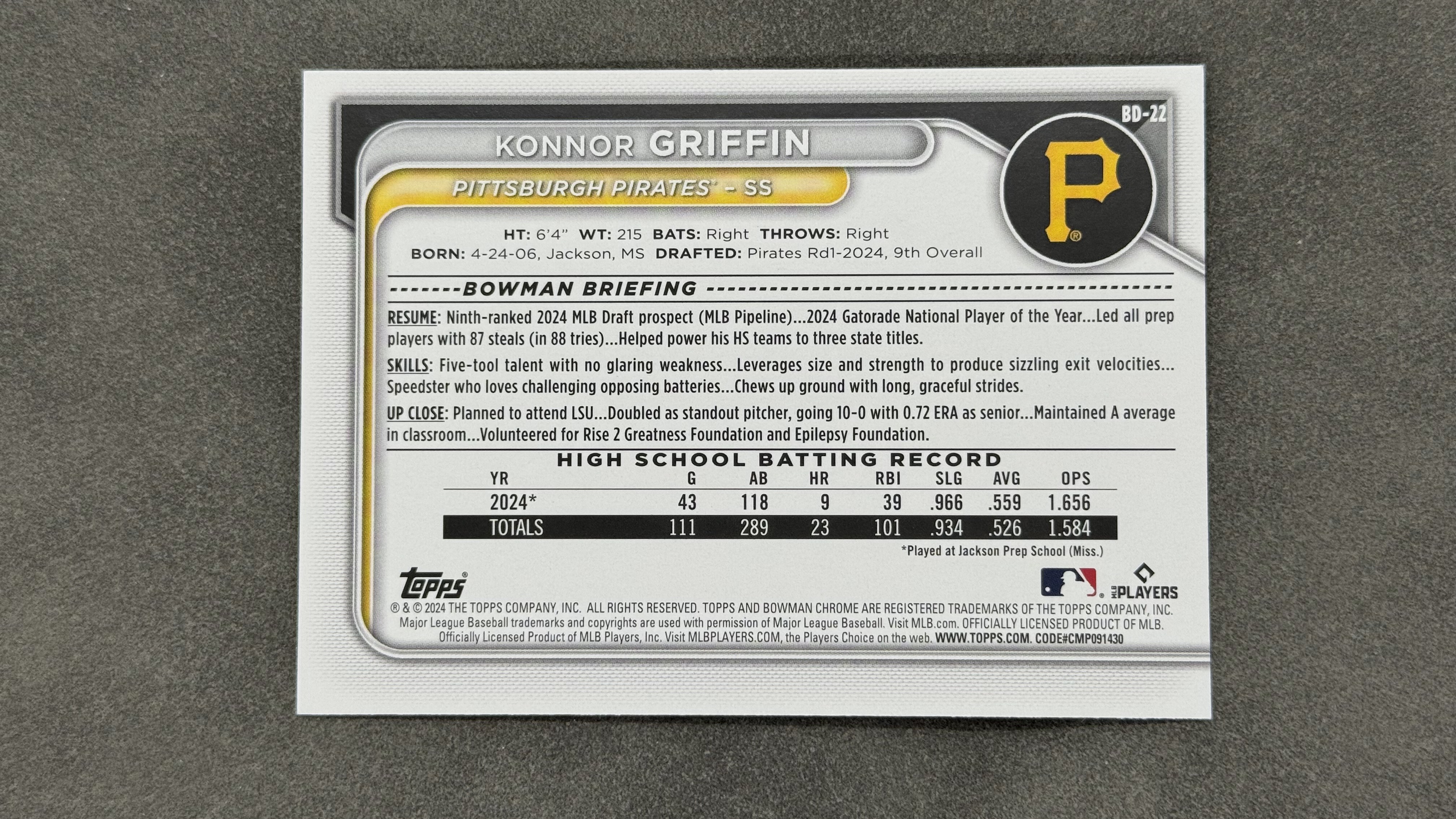 2024 Topps Bowman Konnor Griffin 1st 匹茨堡海盗队 康纳 格里芬 百大新秀 MLB Pipeline No.1 绿折 限量/99编 未来已起飞 值得投资收藏