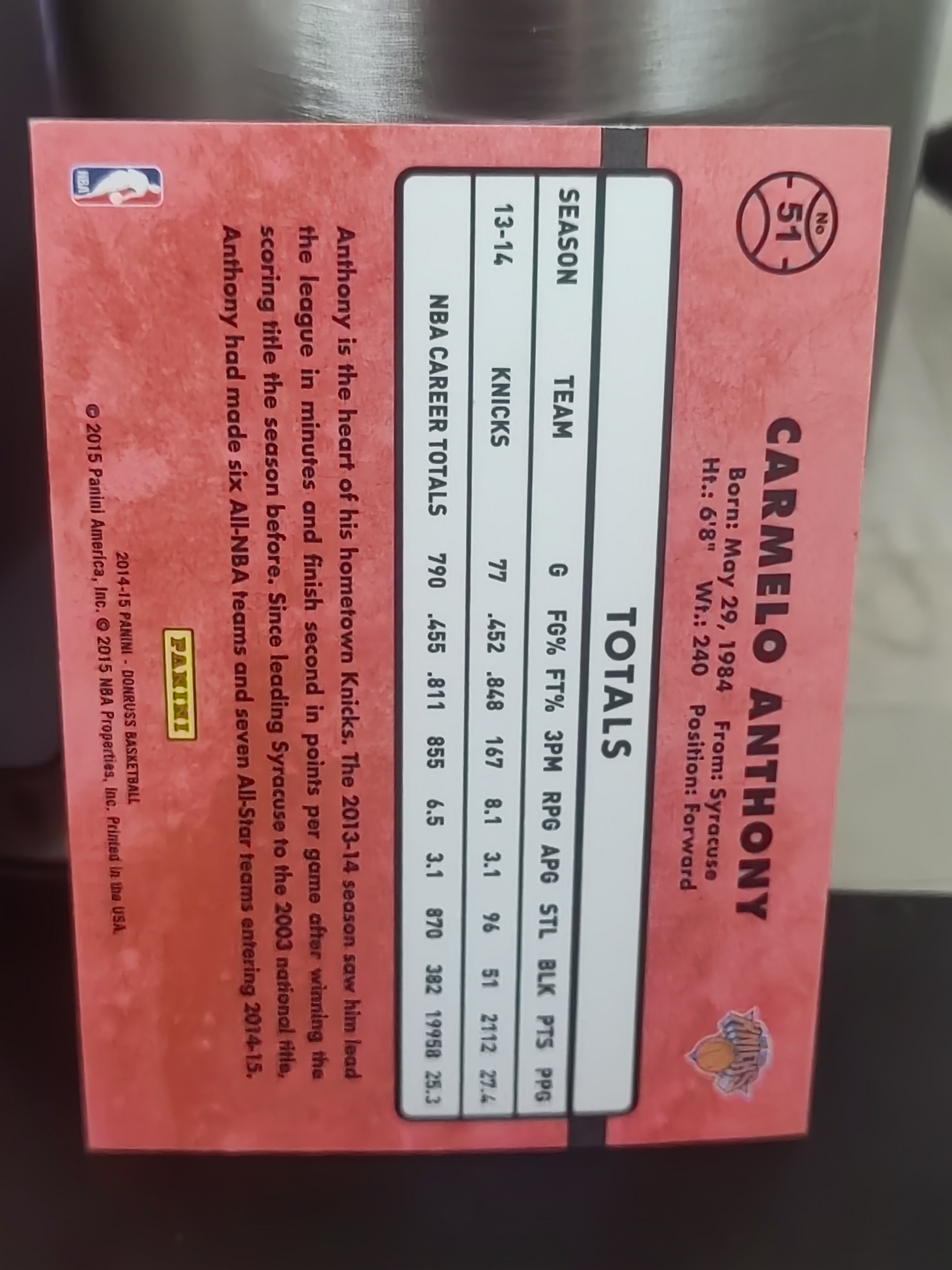 2014-15 Panini Donruss Carmelo Anthony 杜蕾斯 卡梅隆 安东尼 尼克斯 甜瓜 篮 白边白角 不保卡品 卡品如图