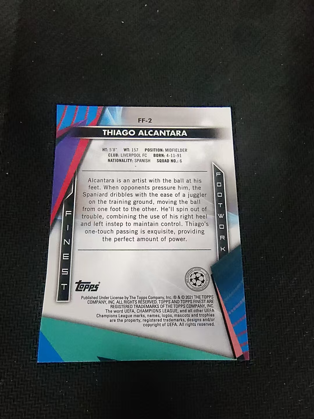 【可合并,不累计】2021 Topps finest Thiago Alcantara 亚戈 阿尔坎塔拉 利物浦 拜仁 欧冠 银折 特卡 #2 划痕 边角瑕疵