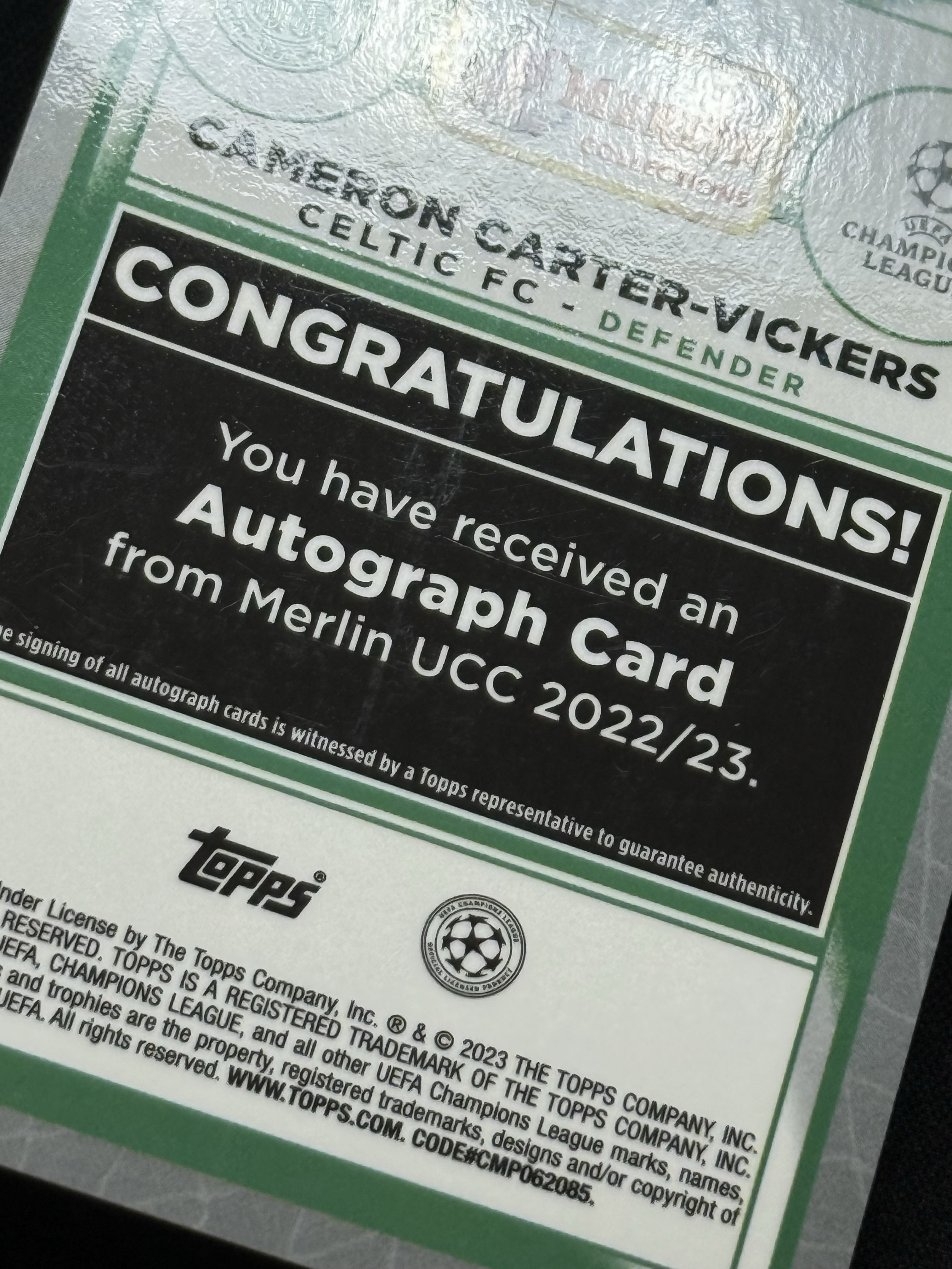 2022-23 Topps Merlin Cameron Carter Vickers 【小贝代拍】欧战 梅林 凯尔特人 卡特 维克斯 银折 签字 瑕疵如图 拍前看描述 H EW