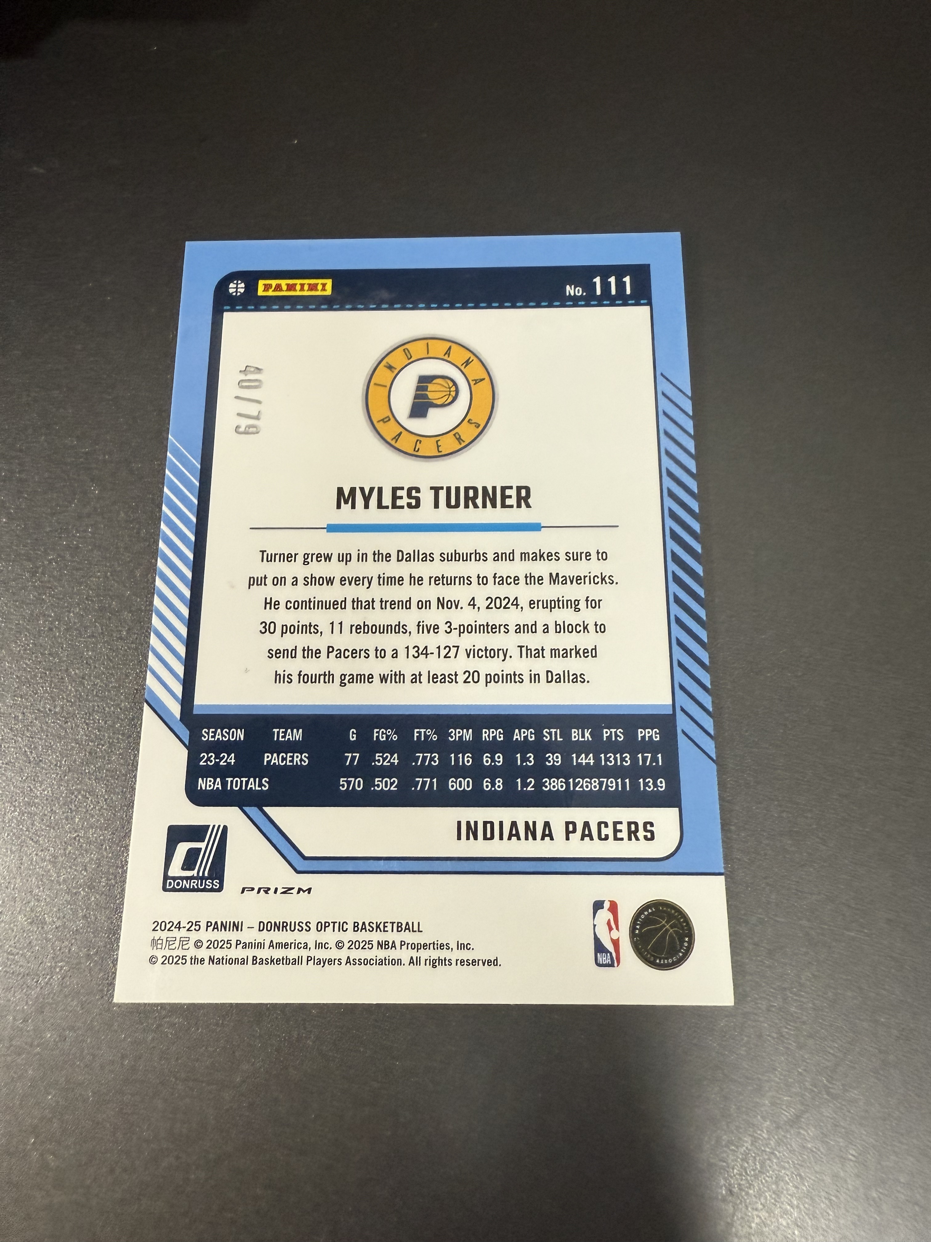 2024-25 Panini Optic Myles Turner 迈尔斯 特纳 粉镭射折 79编 w