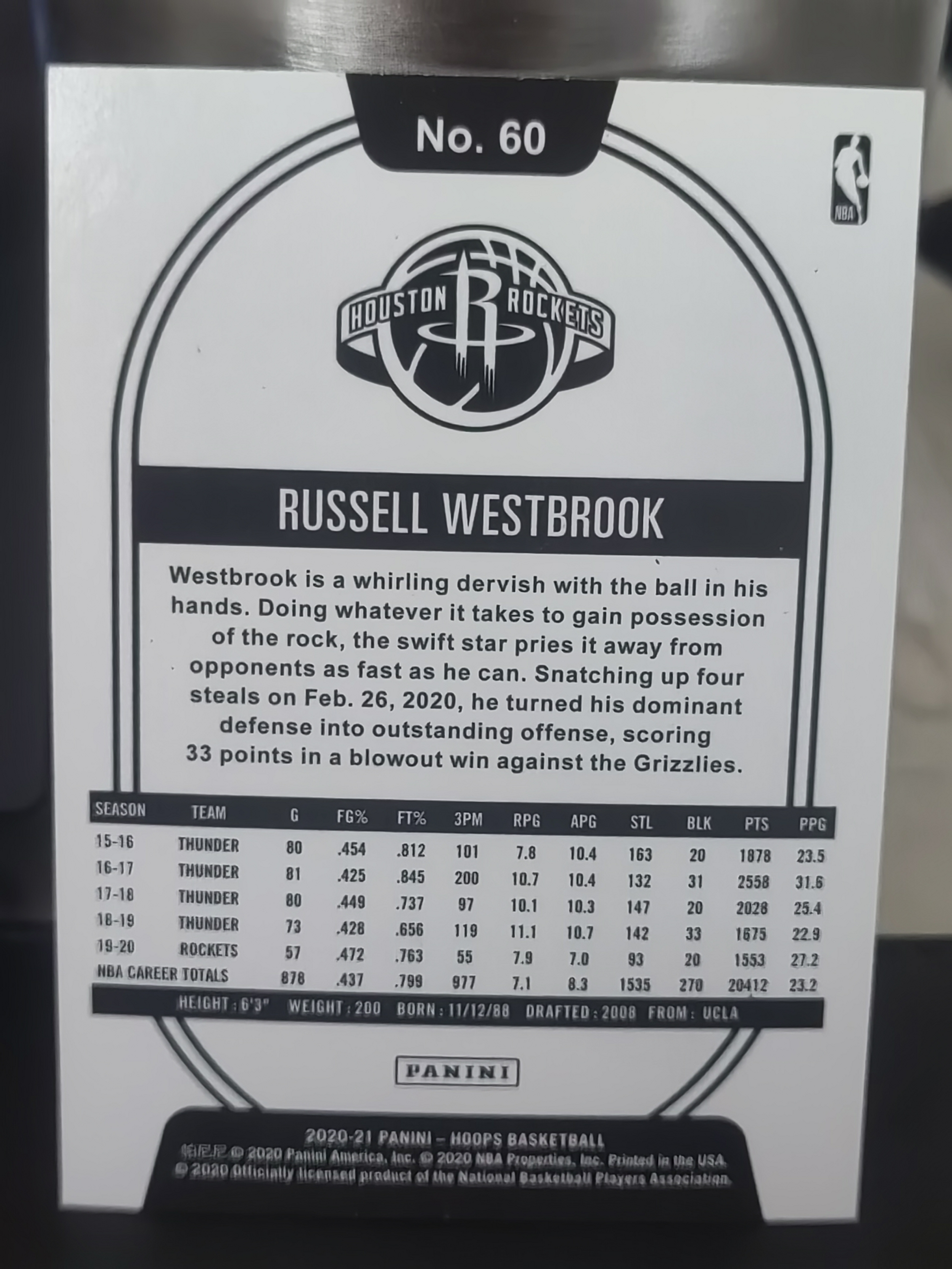 2020-21 Panini Hoops Russell Westbrook Hoops 拉塞尔威斯布鲁克 威少 火箭队 篮 白边白角 不保卡品 卡品如图