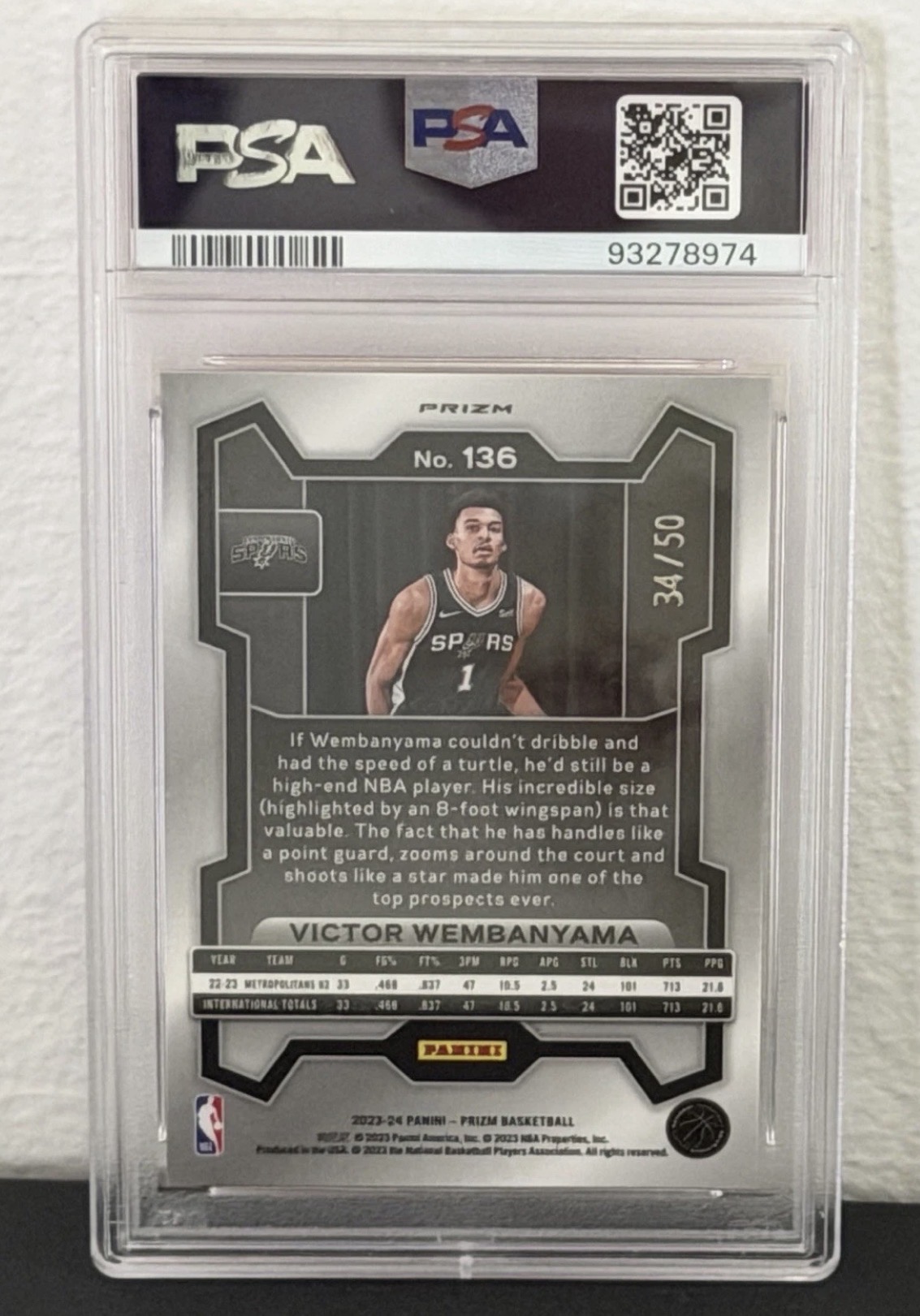 2023-24 Panini Prizm Victor Wembanyama RC #136 PSA10 选秀年 维克托 文班亚马 RC 粉泡泡折 状元 50编超低编 稀有数量