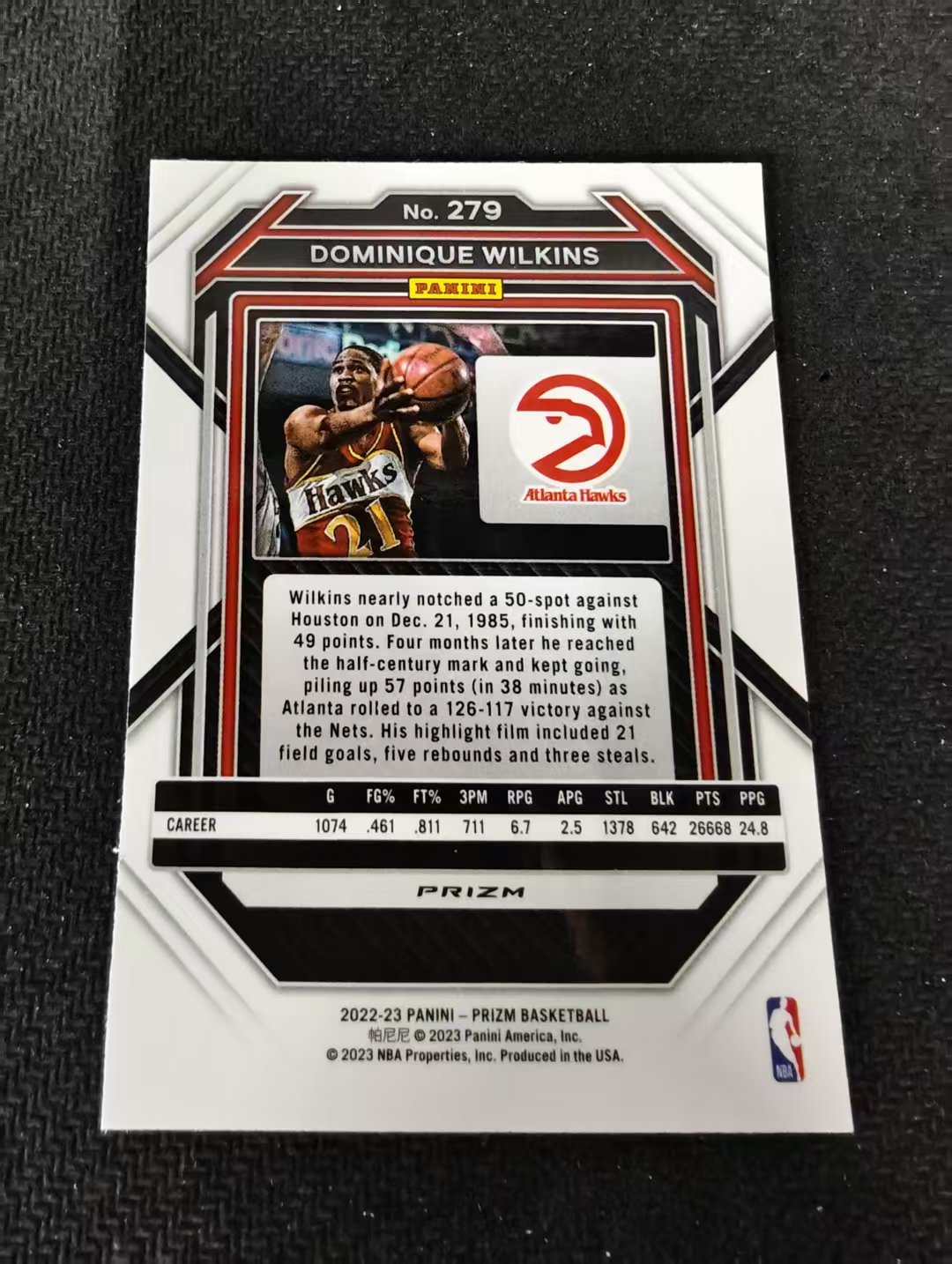 2022-23 Panini Prizm Dominique Wilkins 多米尼克 威尔金斯 老鹰 银折 PZ 划痕 边角瑕疵 #279